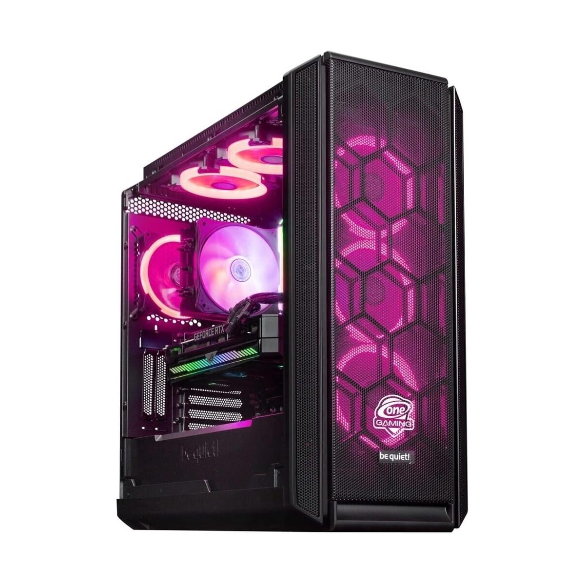 Schwarzer Gaming-PC mit pinker Innenbeleuchtung und Wabenfront.