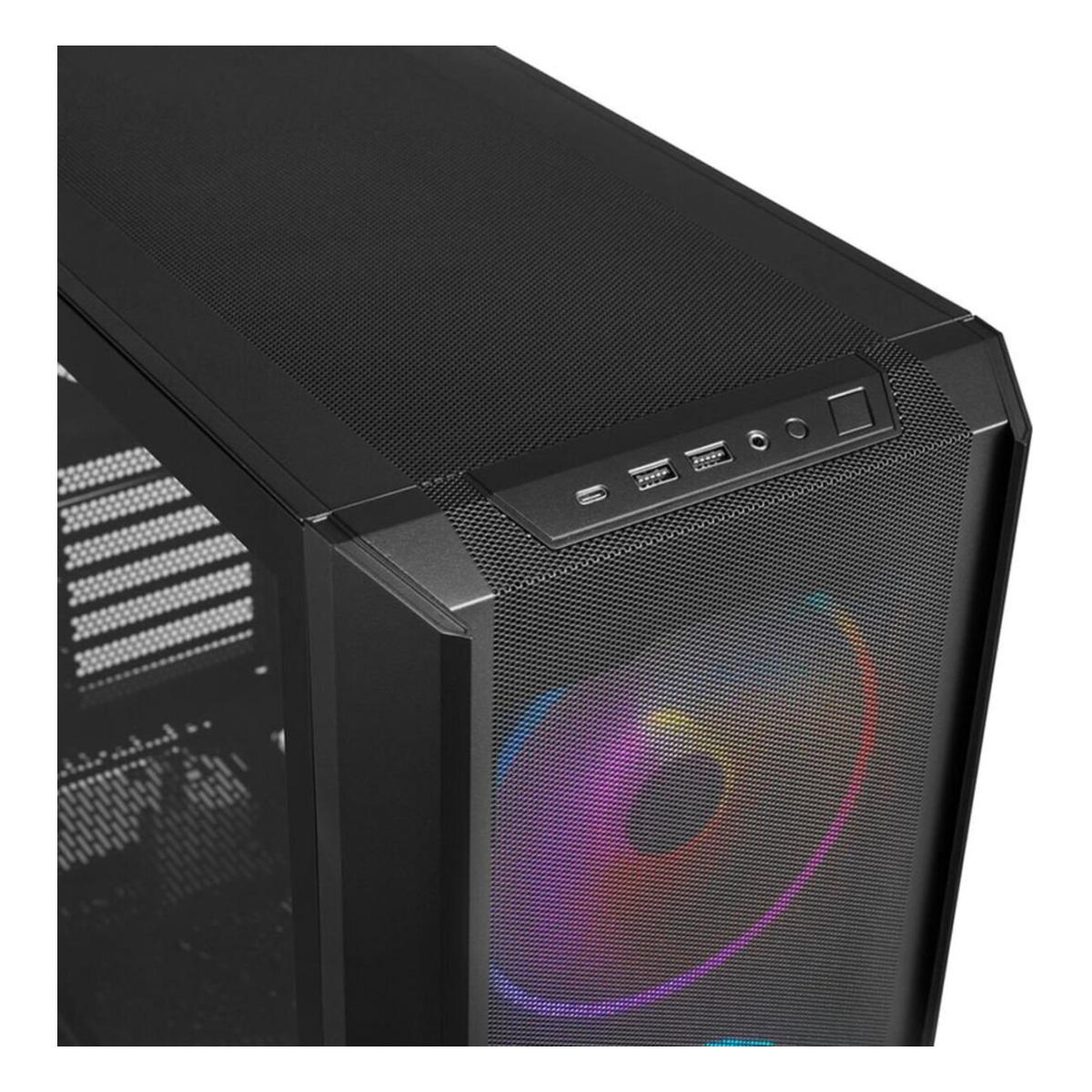 Schwarzes PC-Gehäuse mit beleuchtetem Lüfter und Anschlüssen oben.