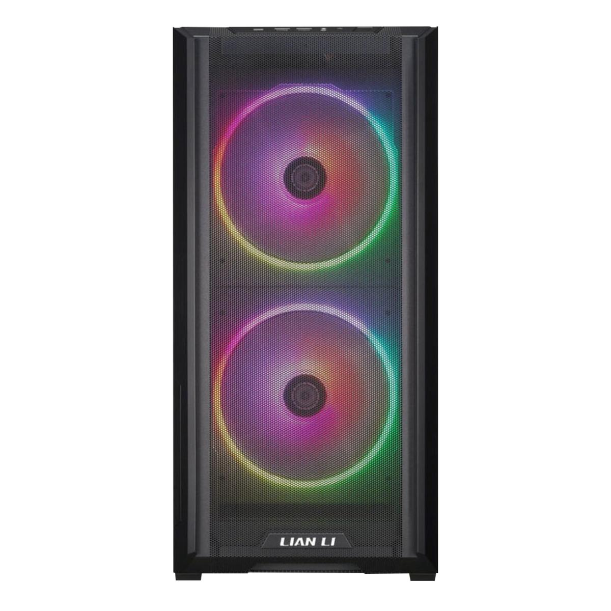 Schwarzes PC-Gehäuse mit zwei RGB-Lüftern und Liane Li Logo.