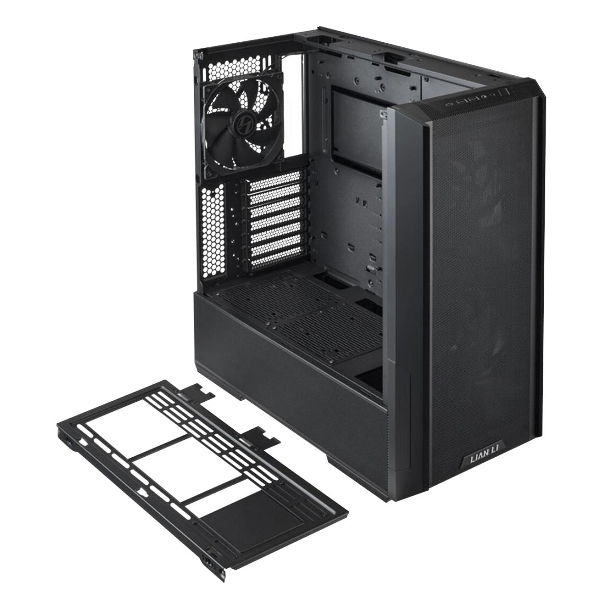 Ein schwarzes Lian Li Computergehäuse mit abnehmbarem Staubfilter vorne.