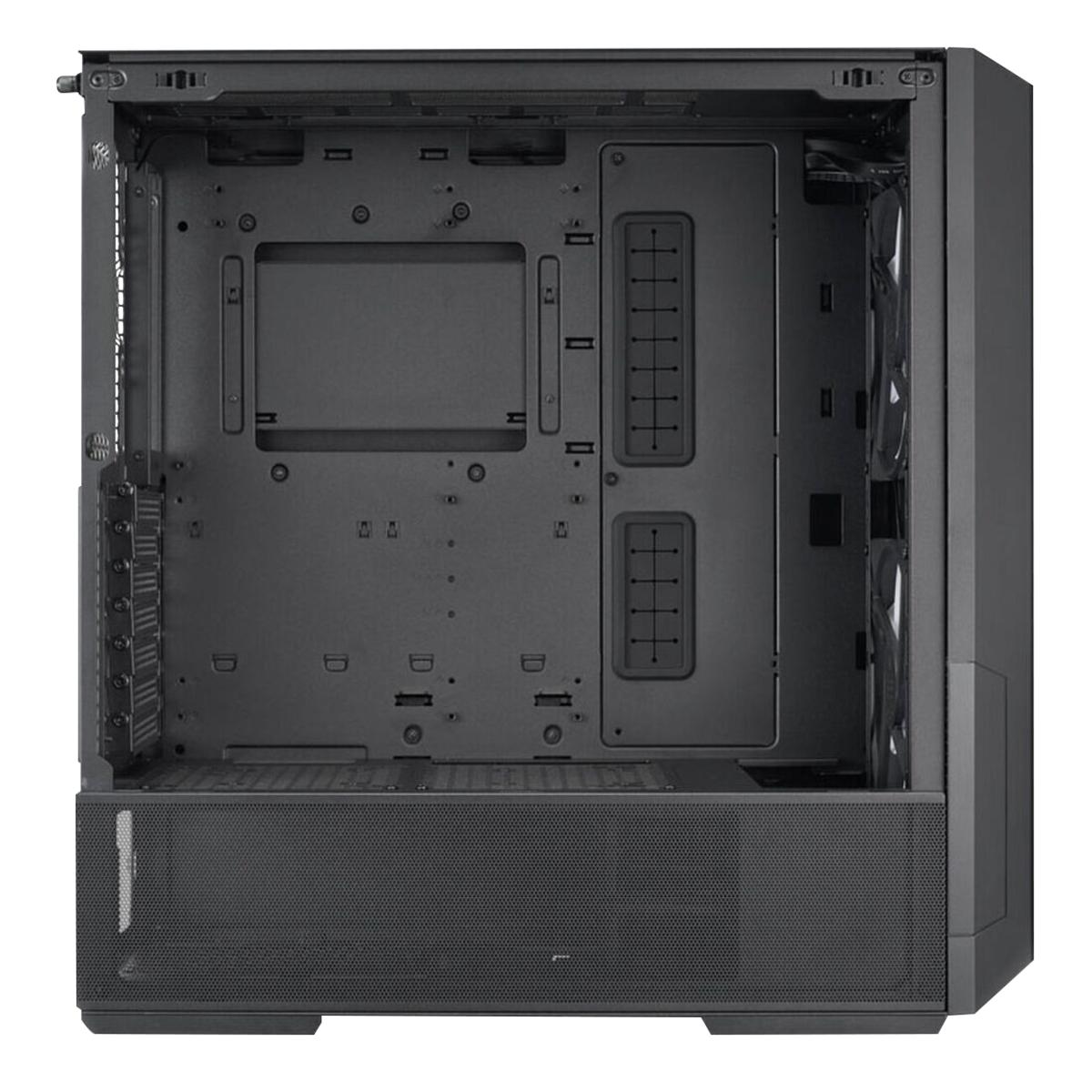 Innenansicht eines schwarzen Computergehäuses, mit Motherboard-Halterungen und Laufwerksschächten.