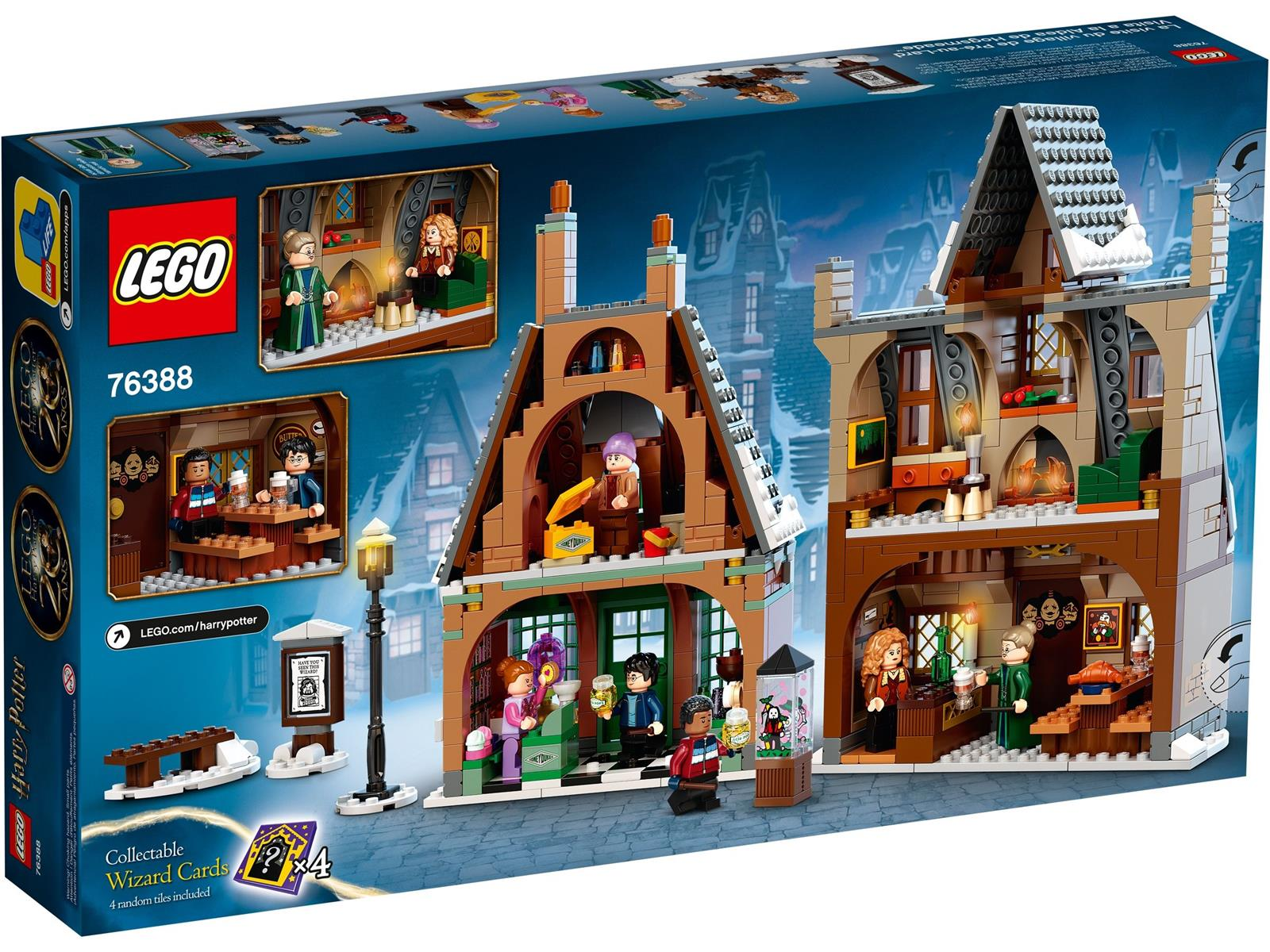 Lego Harry Potter Bauspielzeug mit Figuren und Gebäuden in verschneiter Umgebung.