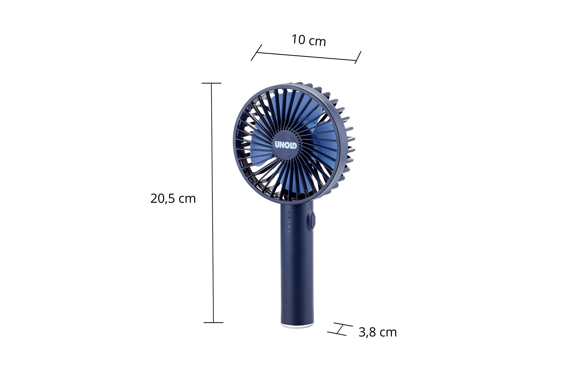 Dunkelblauer Handventilator mit blauen Rotorblättern, Maße angegeben.