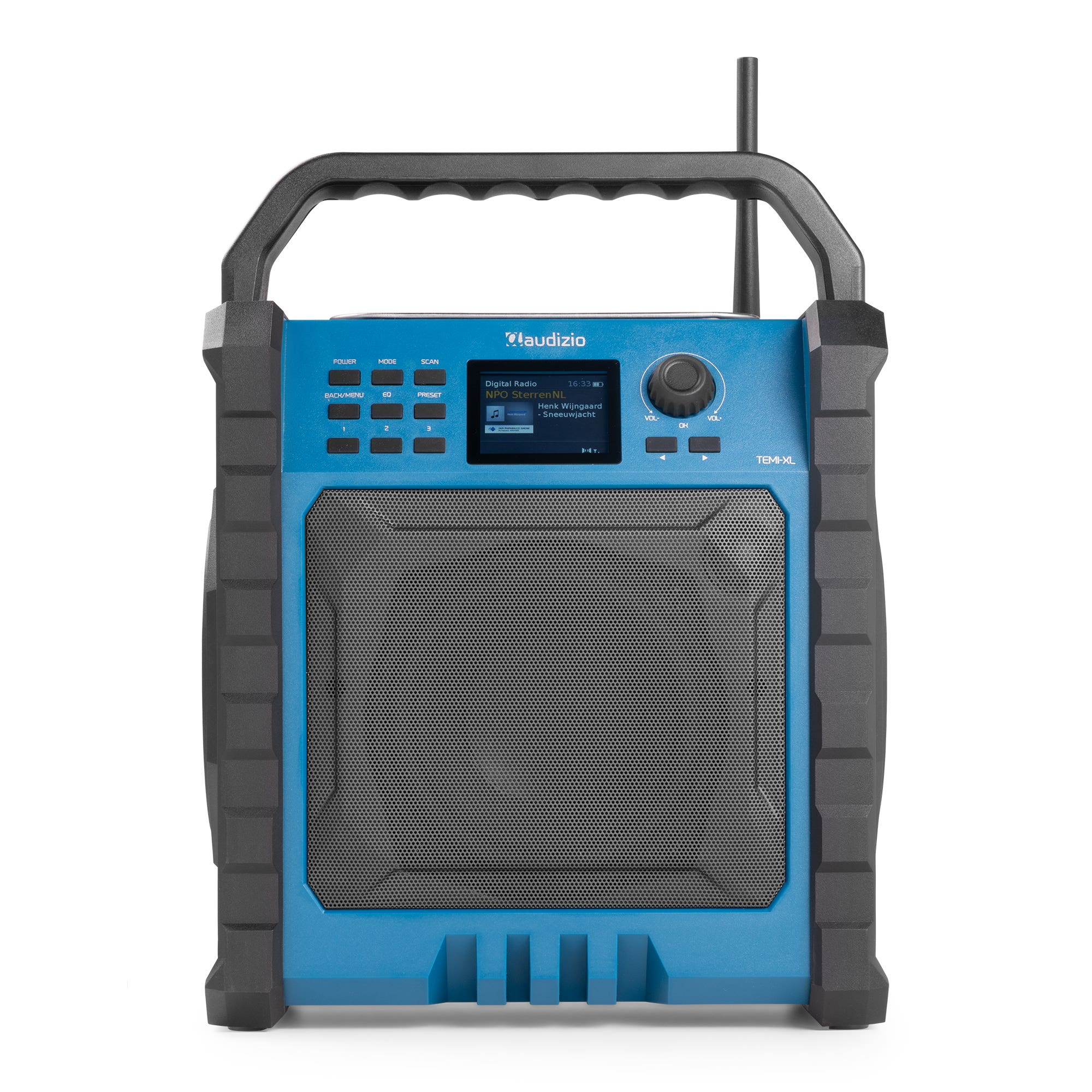 Radio digital azul con altavoz, asa y antena. Botones y pantalla visibles.