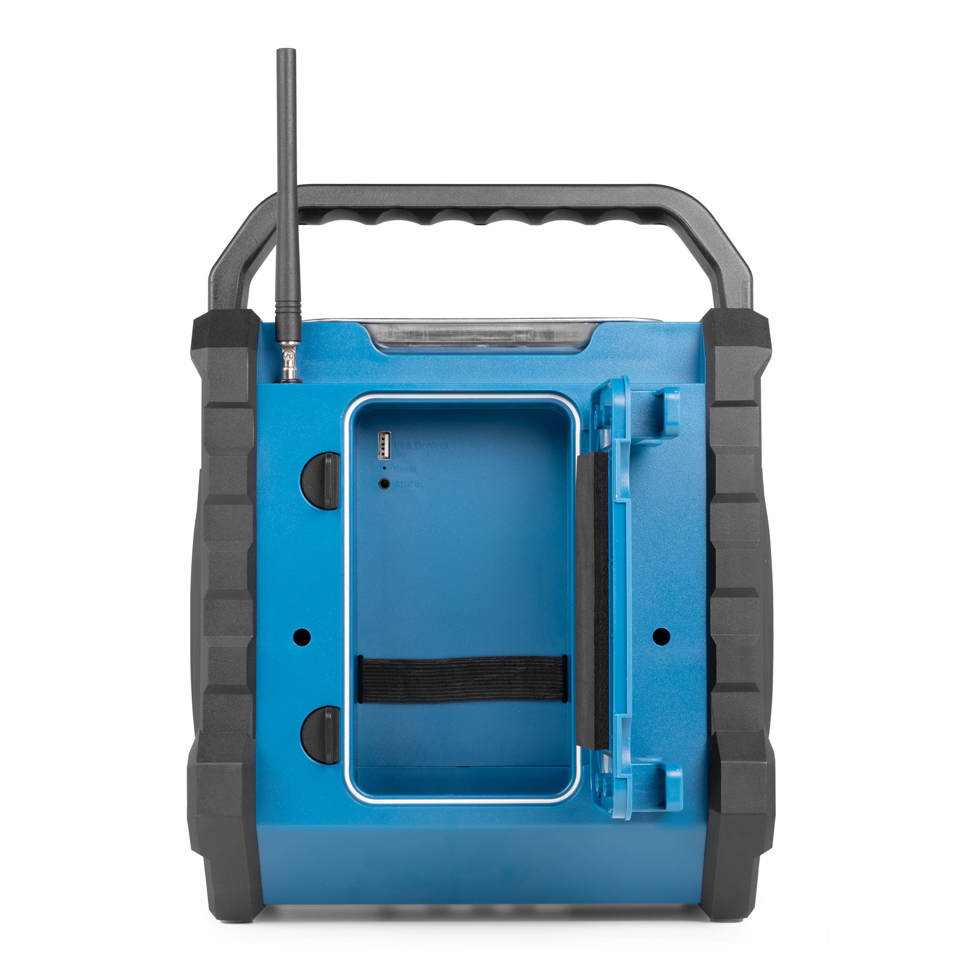 Caja azul con asa negra y antena, compartimento abierto con USB.