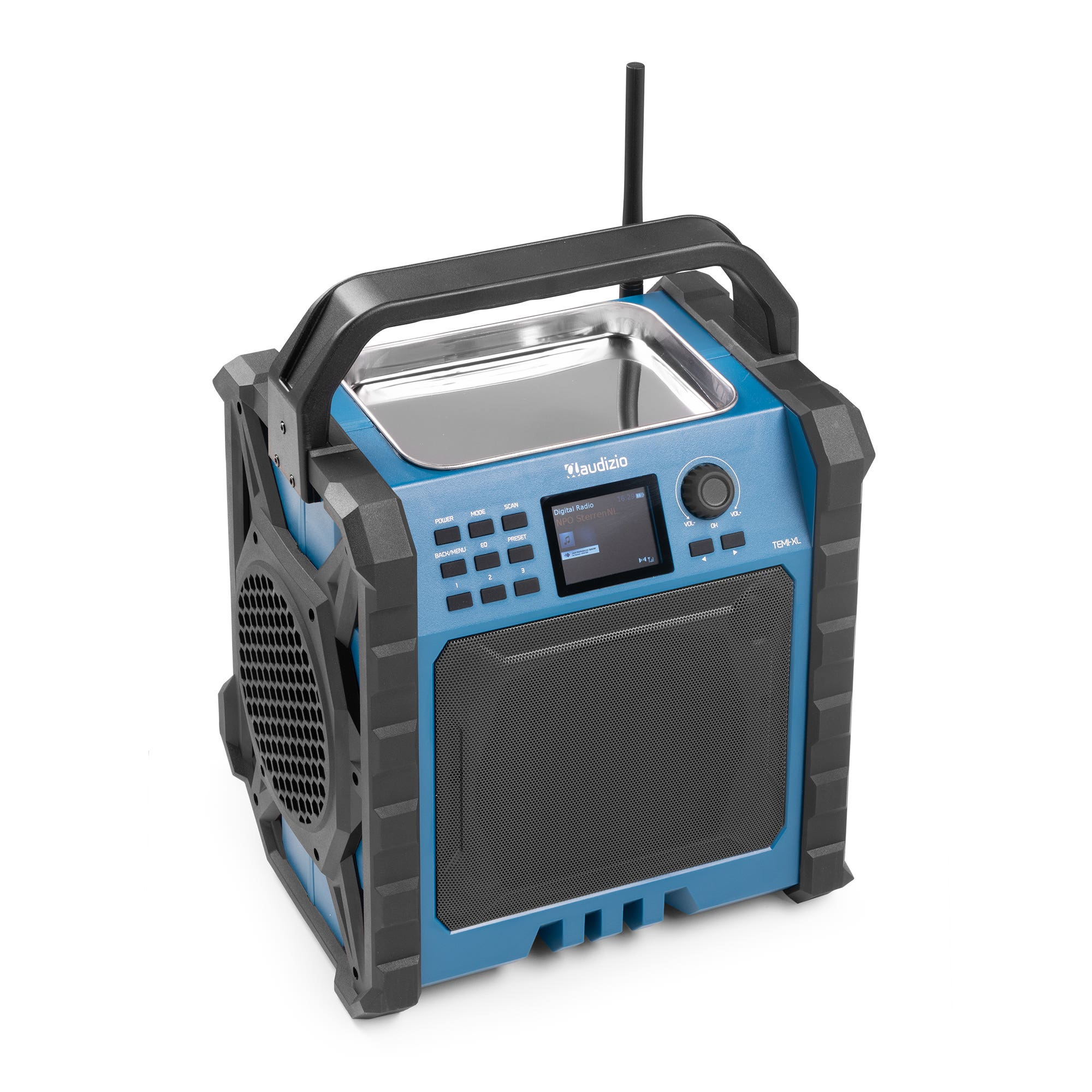 Se muestra una radio digital Audizio azul y negra con asa y antena.