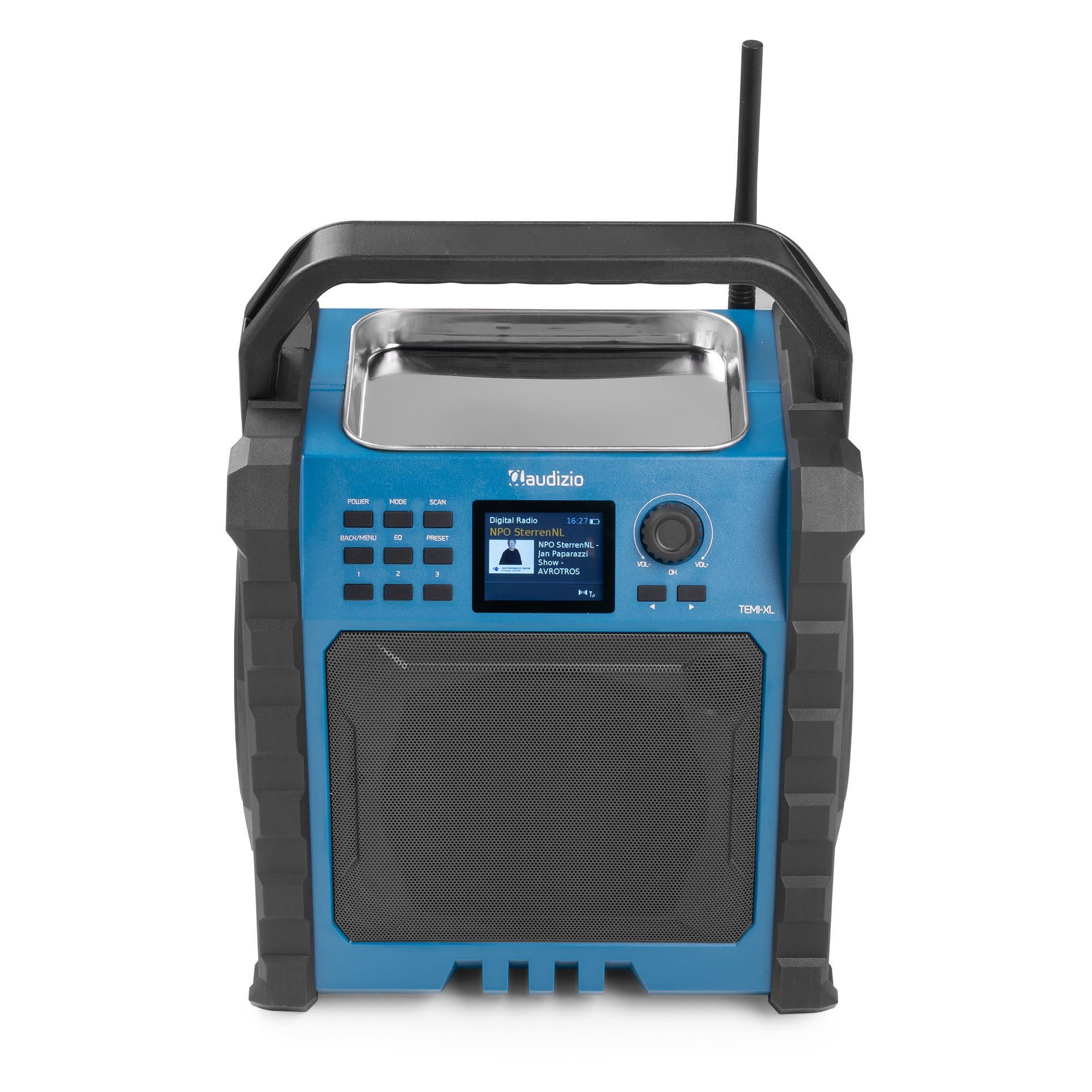 Radio digital azul con detalles negros, pantalla mostrando información y un altavoz grande.