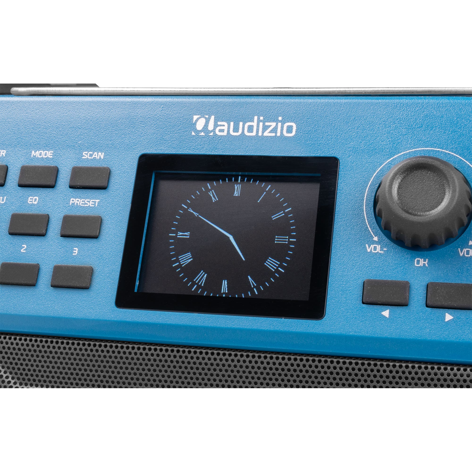 Una unidad Audizio azul que muestra una esfera de reloj y botones de control.