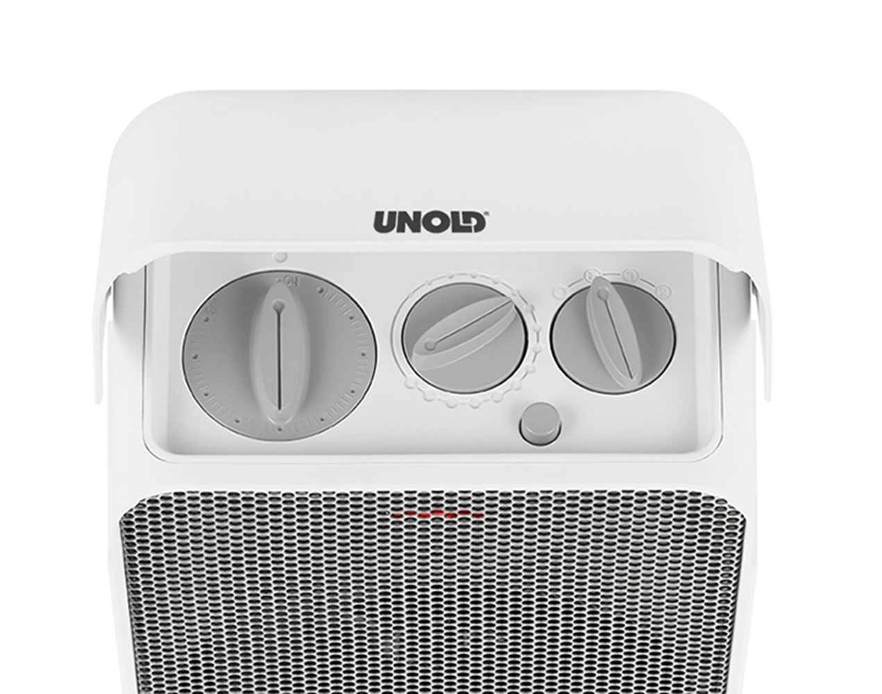 Biały grzejnik wentylatorowy UNOLD z pokrętłami i kratką.