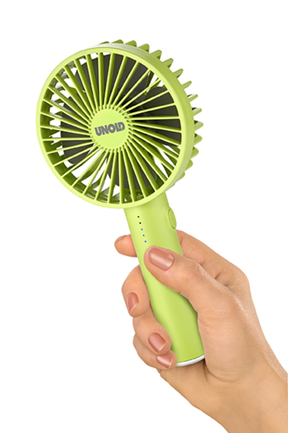 Dłoń trzyma jaskrawozielony przenośny wentylator UNOLD z niebieskimi wskaźnikami.