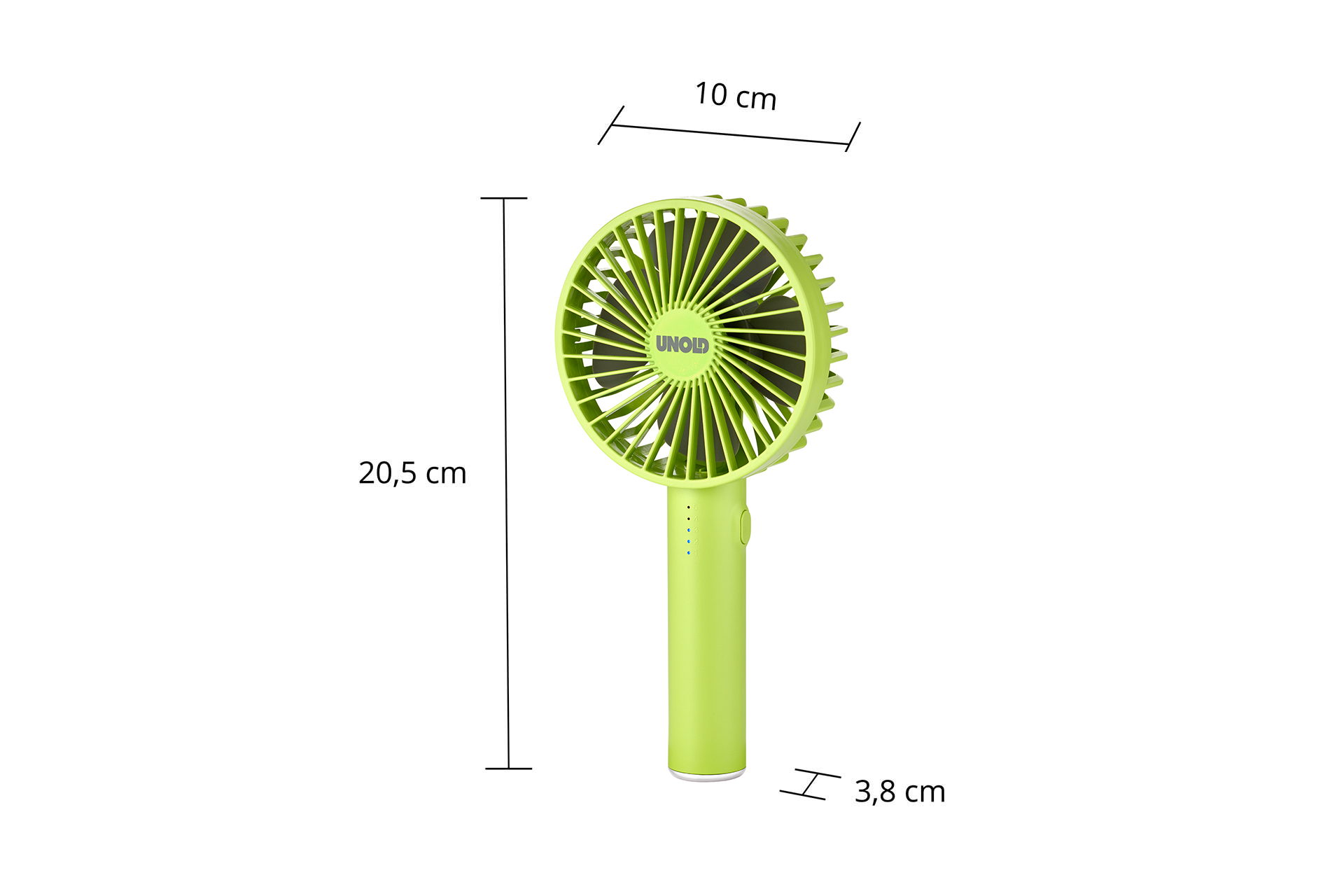 Ein limettengrüner Unoid-Ventilator wird mit Maßen von 20,5 cm Höhe, 10 cm Breite, 3,8 cm Tiefe gezeigt.