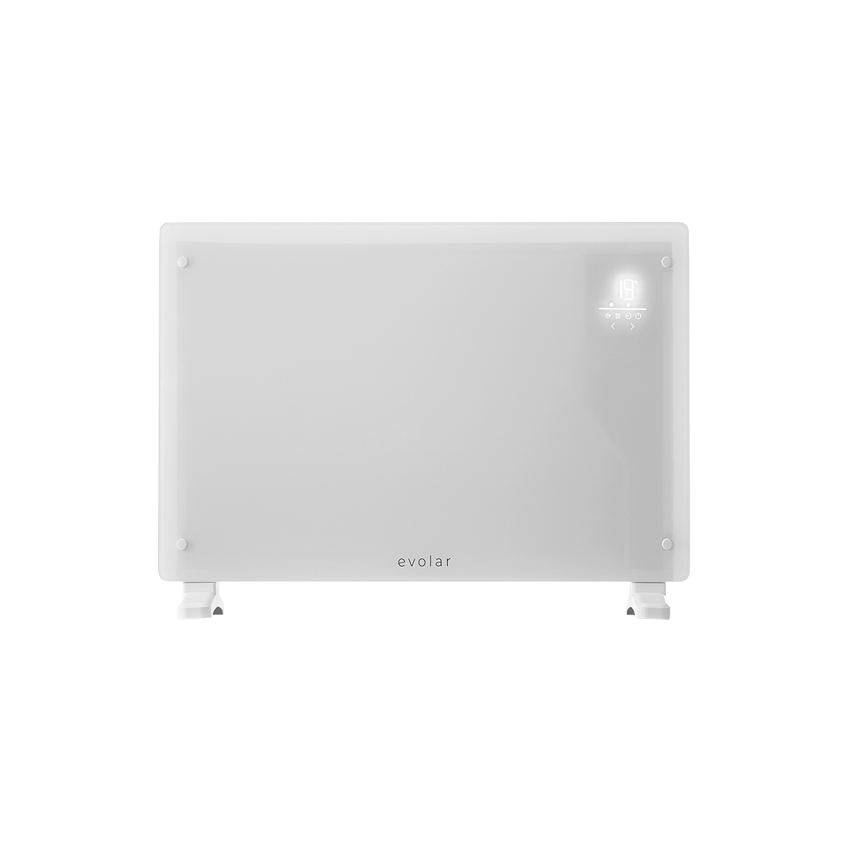Un radiatore elettrico bianco con display digitale della temperatura e controlli.