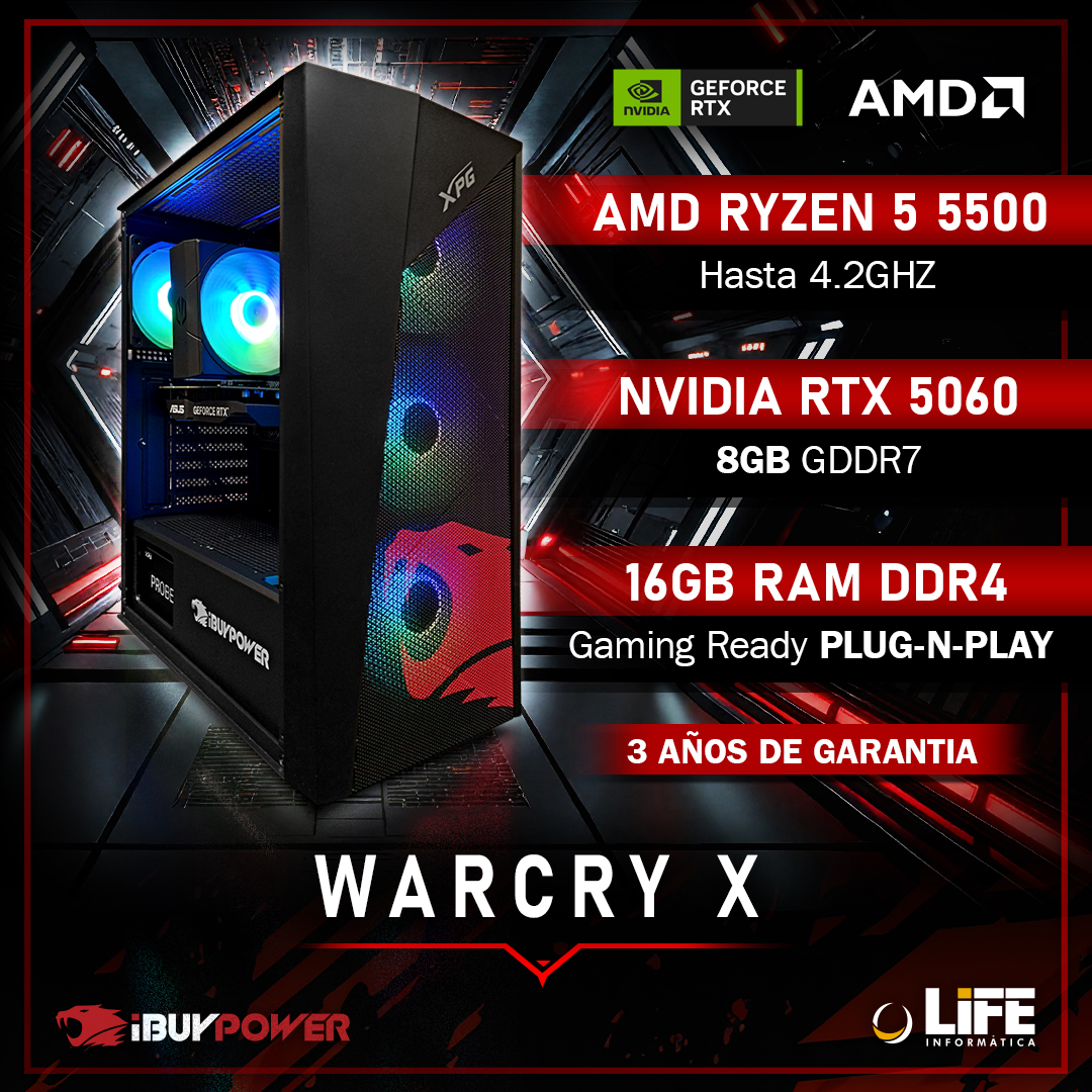 PC Gaming con AMD Ryzen 5 5500, NVIDIA RTX 5060, 16GB RAM. Modelo "WARCRY X".