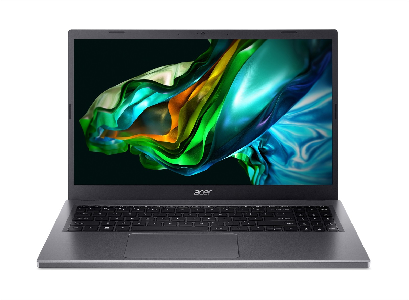 Szary laptop Acer z kolorowym abstrakcyjnym obrazem na ekranie.