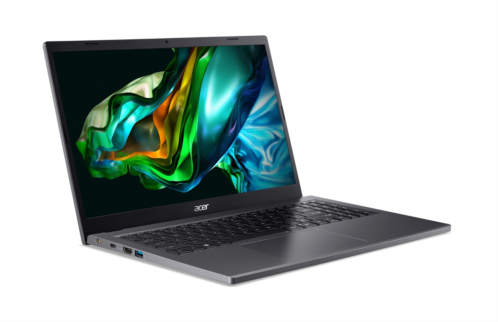 Elegancki, ciemnoszary laptop Acer pokazany pod kątem, otwarty z żywعادة abstrakcyjną tapetą na ekranie.