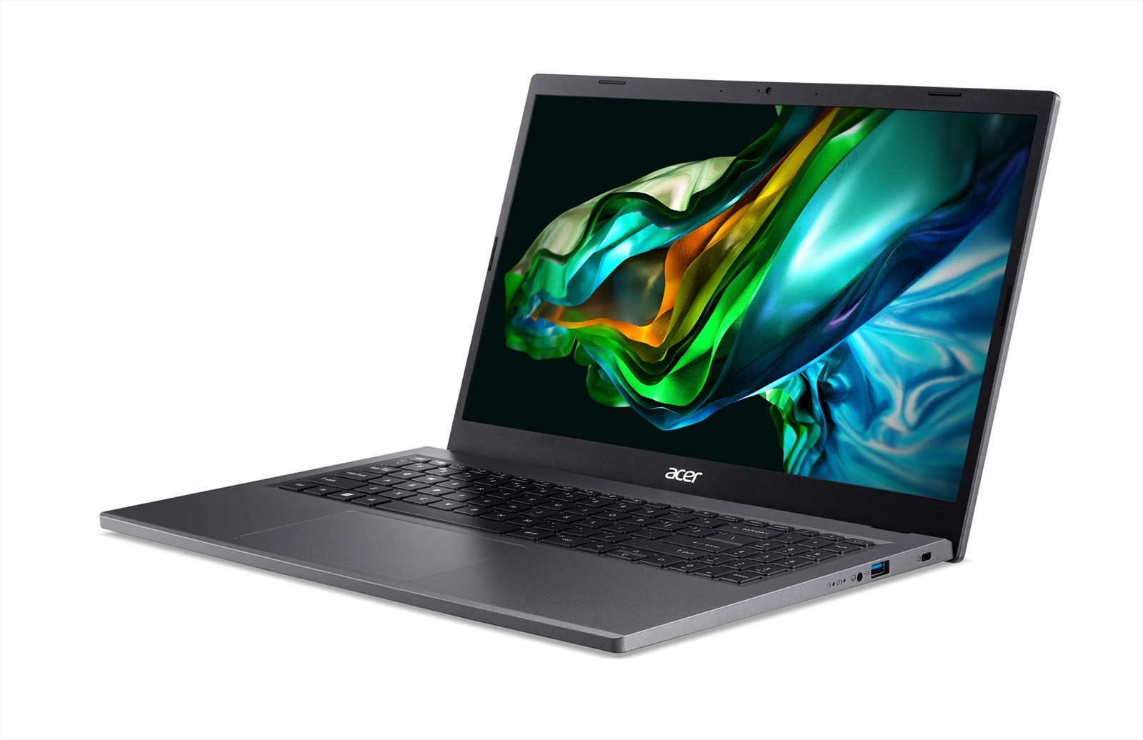 Szary laptop Acer z kolorową abstrakcyjną tapetą na ekranie, pokazany na białym tle.