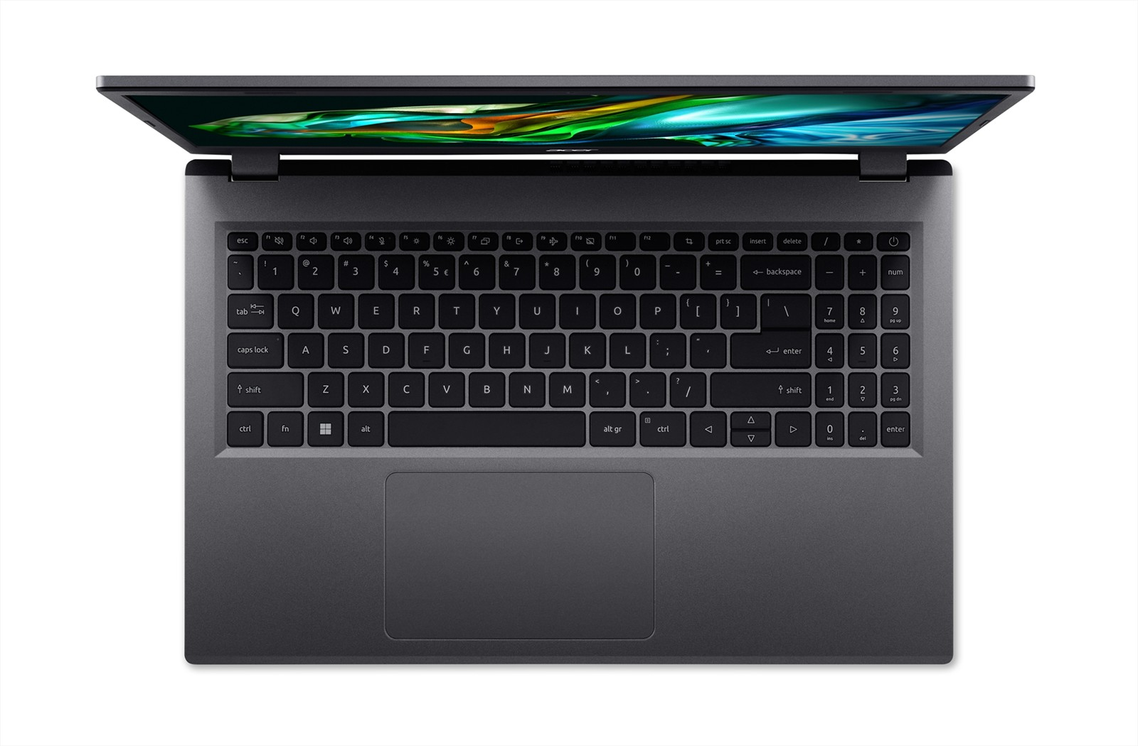 Widok z góry otwartego ciemnoszarego laptopa. Ekran wyświetla kolorowy abstrakcyjny obraz.
