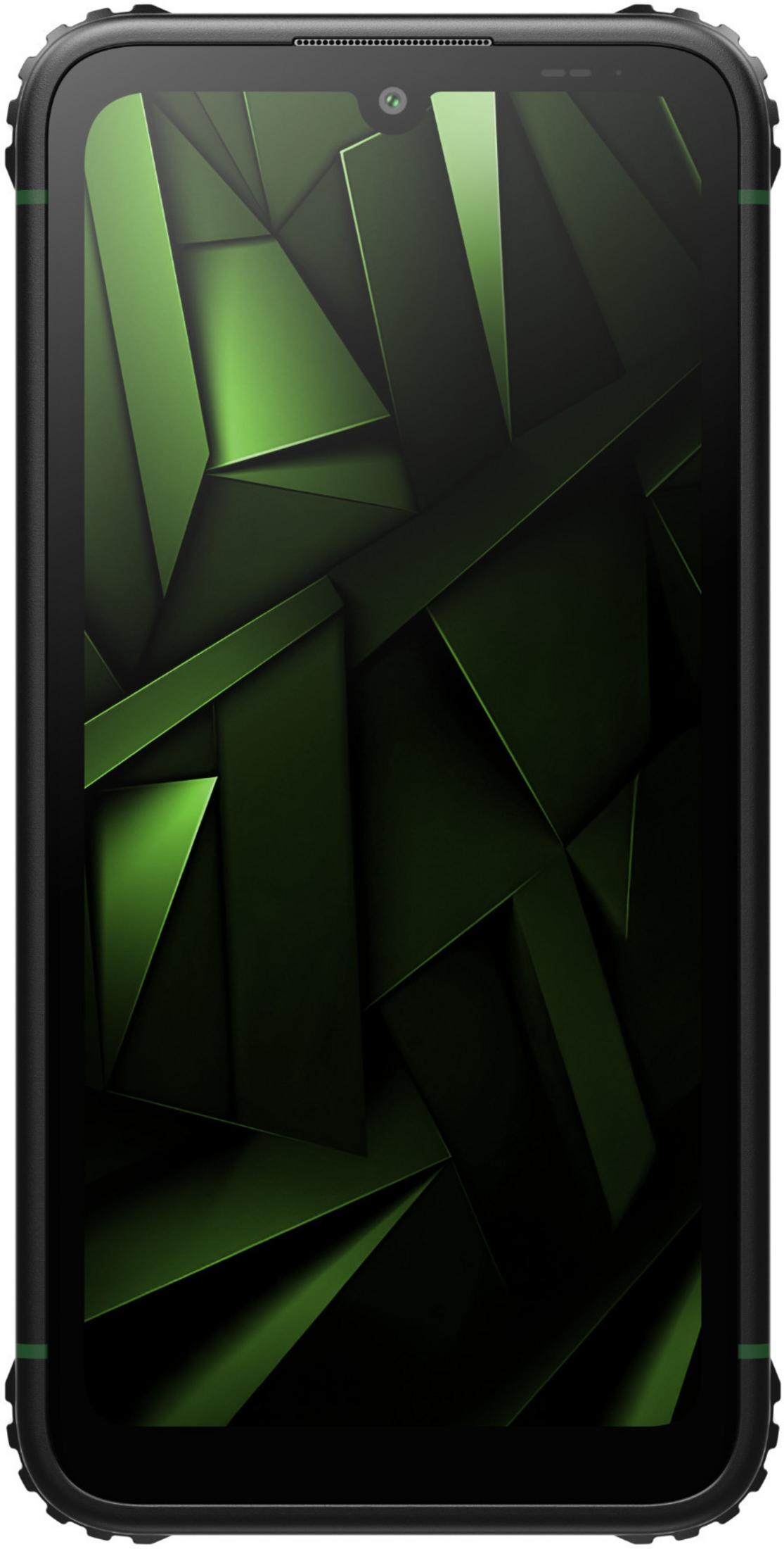 Czarny smartfon z zielonym, geometrycznym tłem.