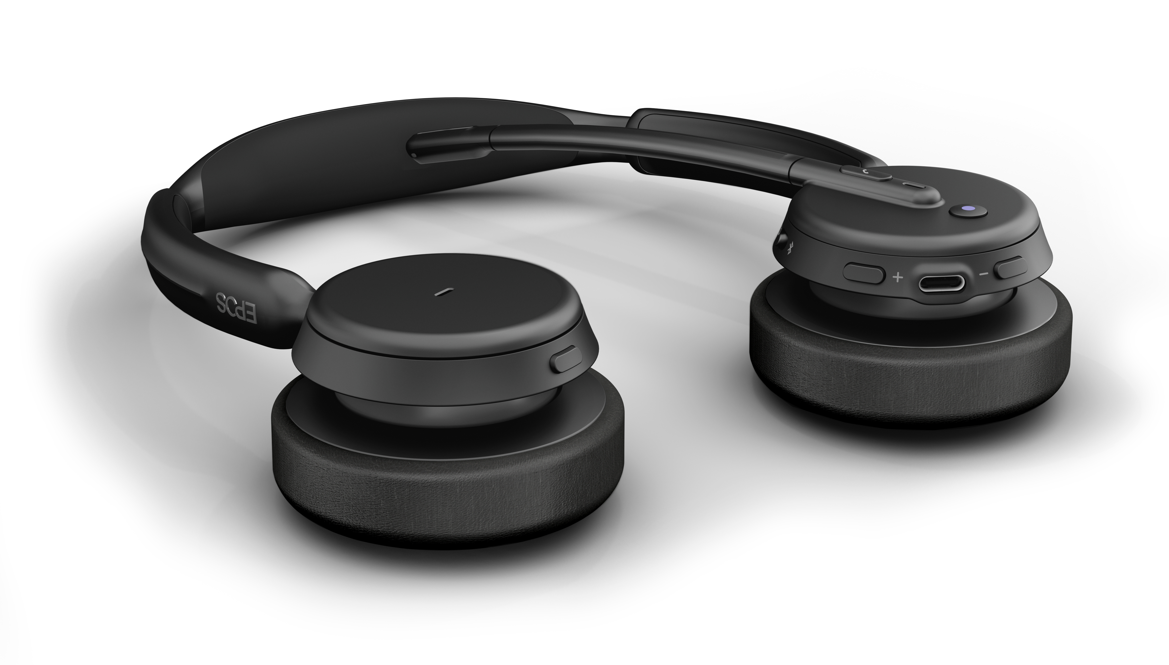 Cuffie wireless nere EPOS con padiglioni imbottiti e pulsanti di controllo.