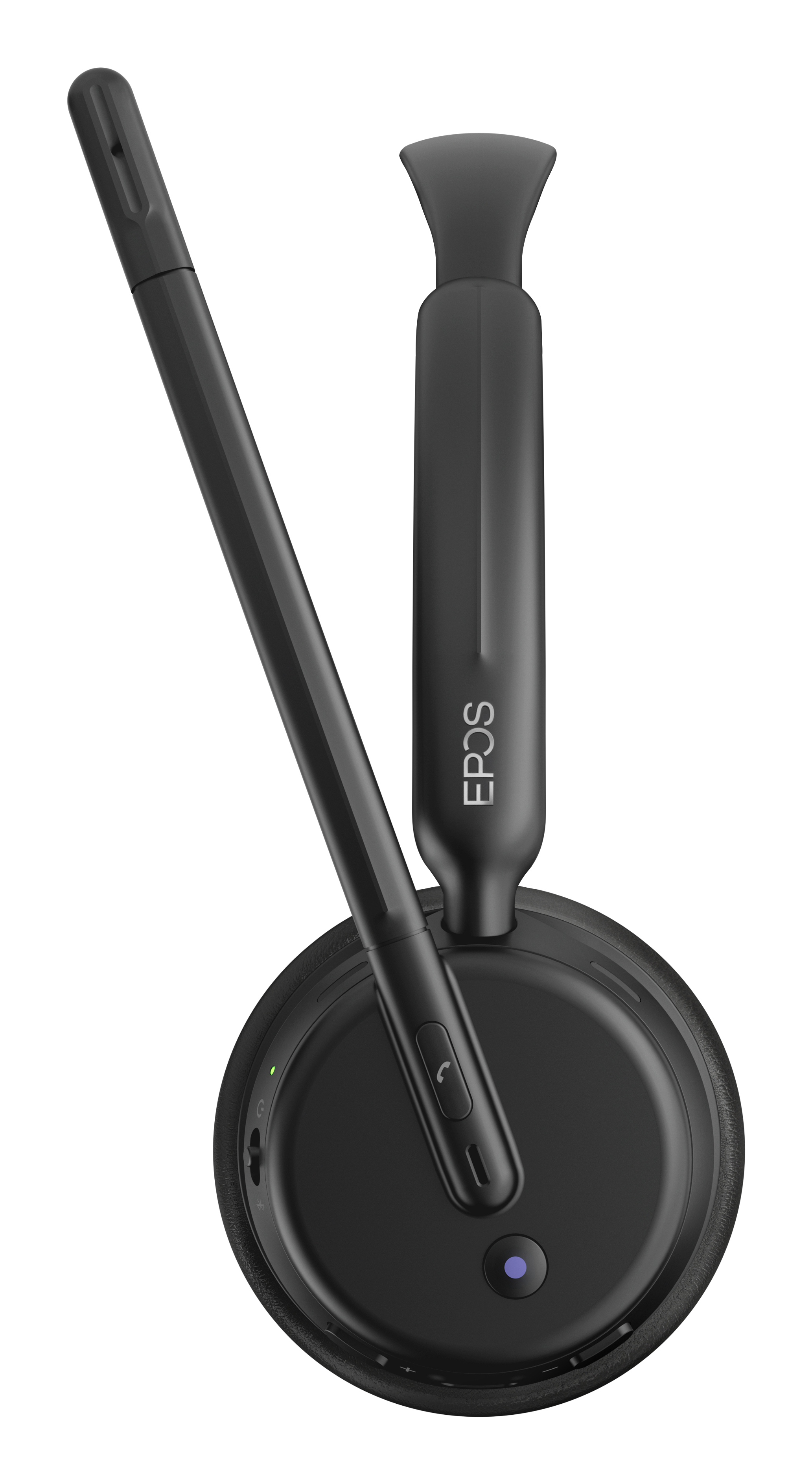 Un auricolare EPOS nero con microfono a braccio e padiglione auricolare è mostrato su sfondo bianco.