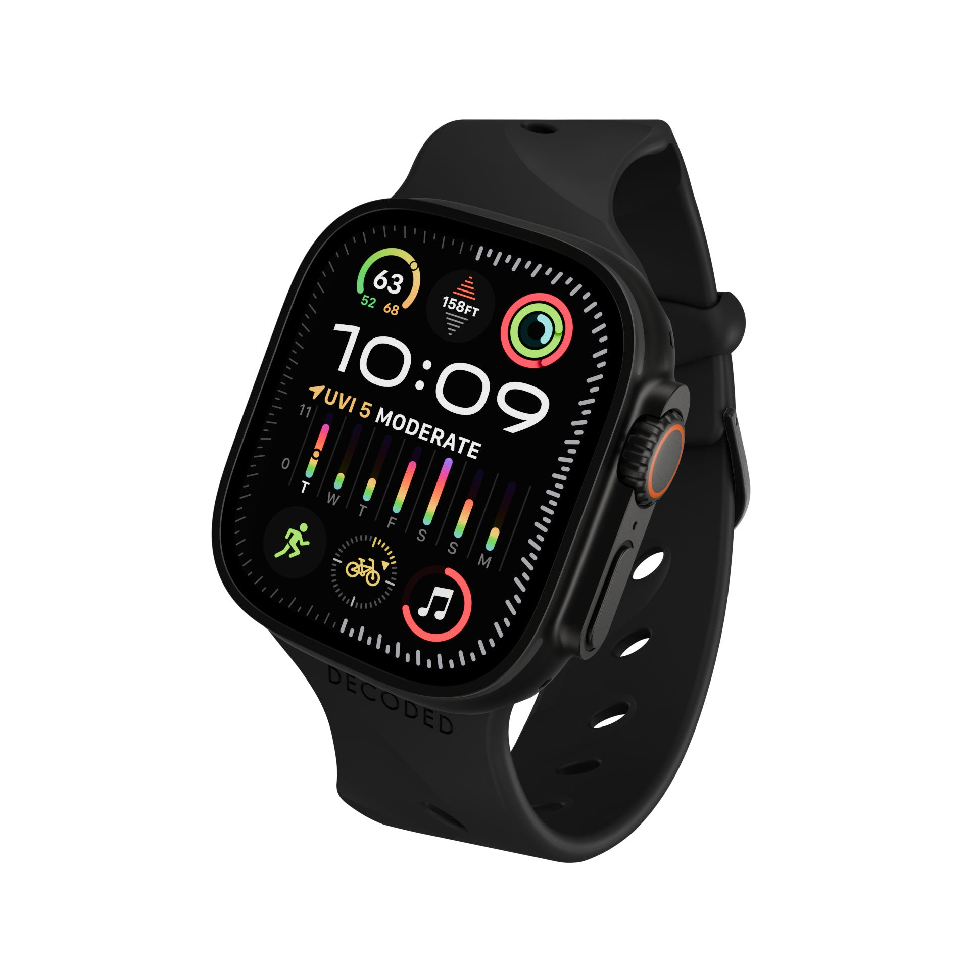 Uno smartwatch nero con cinturino nero mostra ora, anelli di attività e dati meteo sullo schermo.