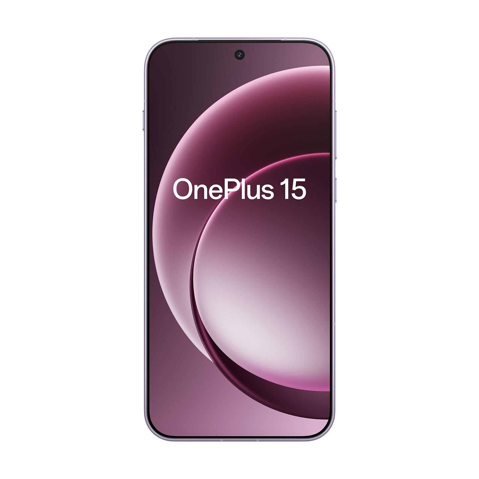 Fioletowy smartfon OnePlus 15 z okrągłym abstrakcyjnym wzorem na ekranie.