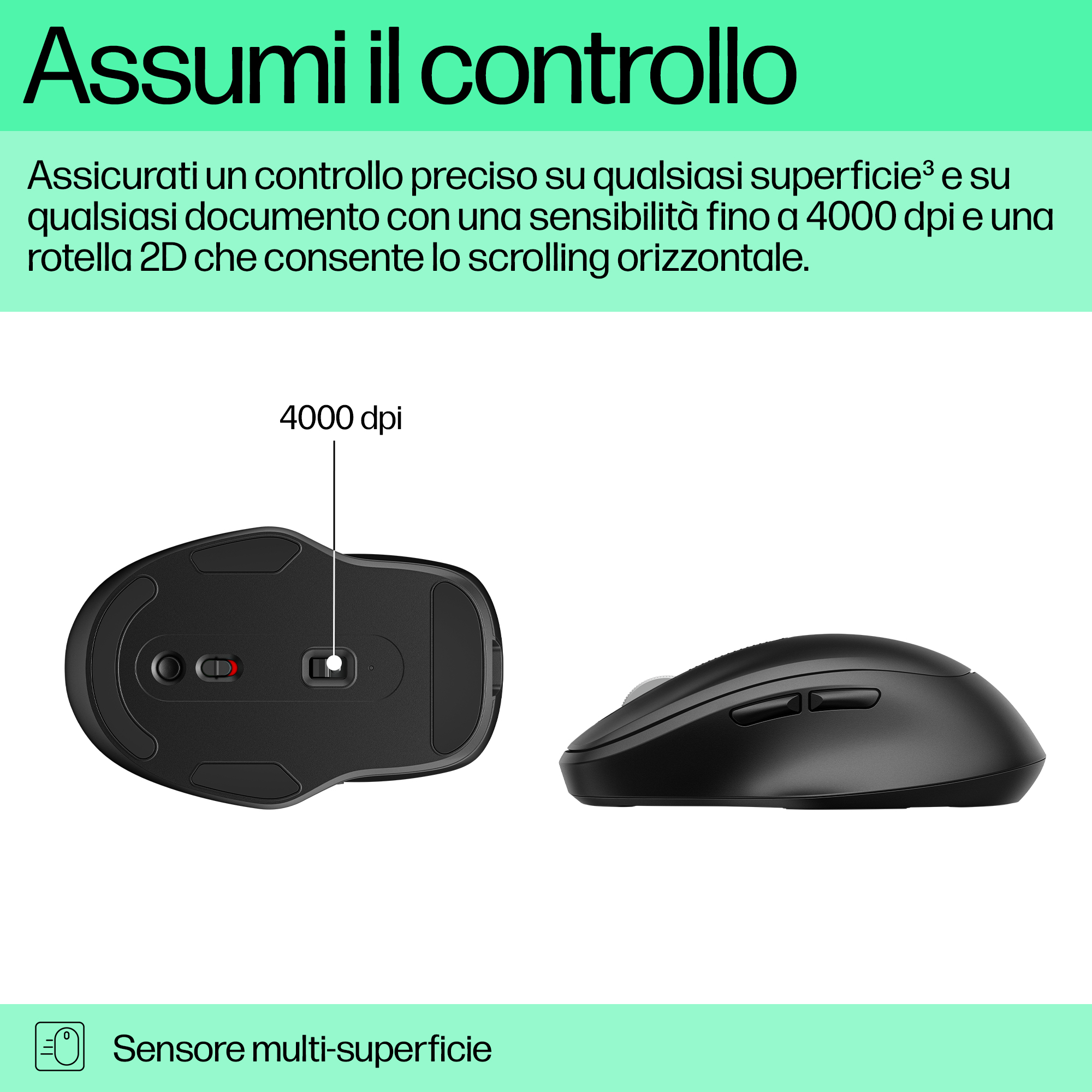 Czarna mysz bezprzewodowa pokazana z góry i z boku. Posiada czujnik 4000 dpi i czujnik wielopowierzchniowy.