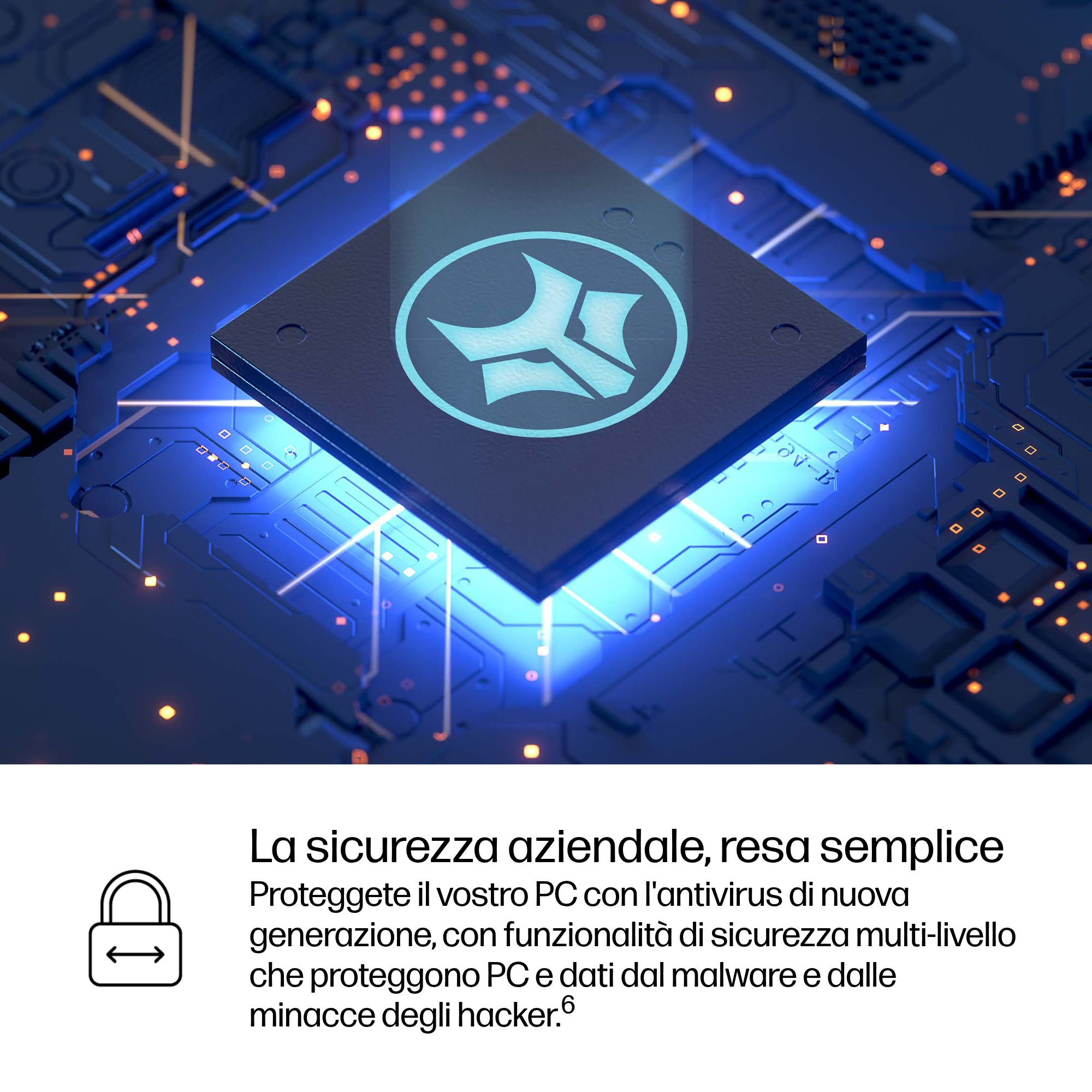 Un microchip con logo blu su un circuito stampato con luci blu.