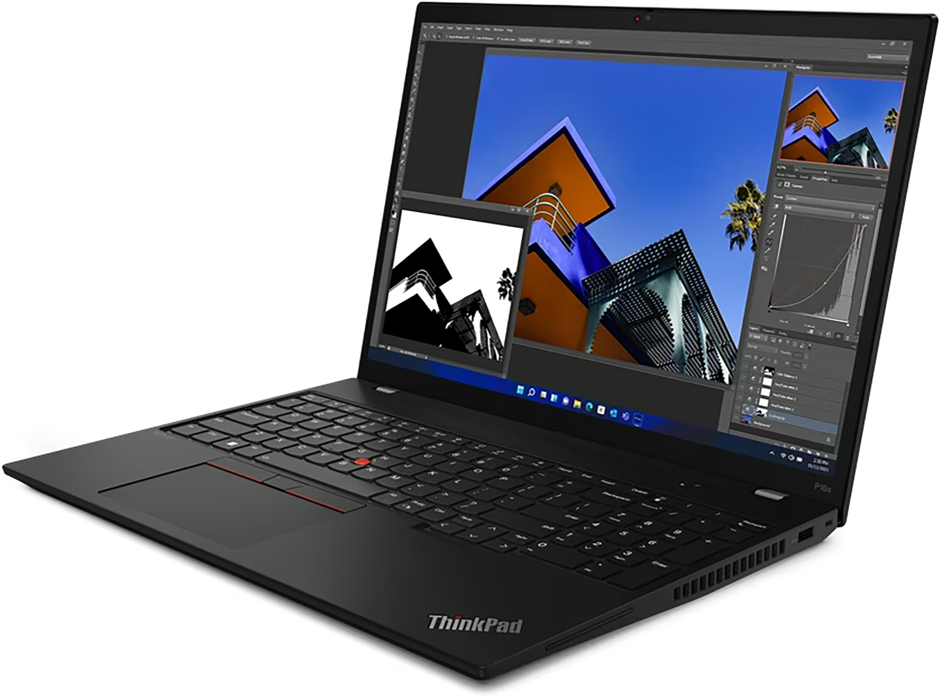 Black ThinkPad laptop displaying photo editing software with colorful buildings on screen.