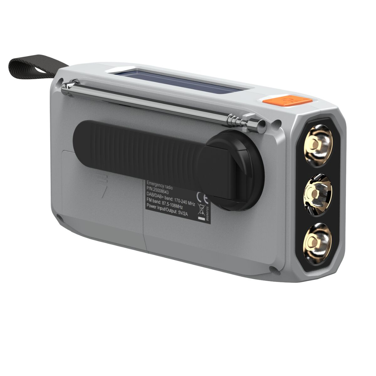 Gray emergency radio with crank, flashlight, solar panel, and antenna.