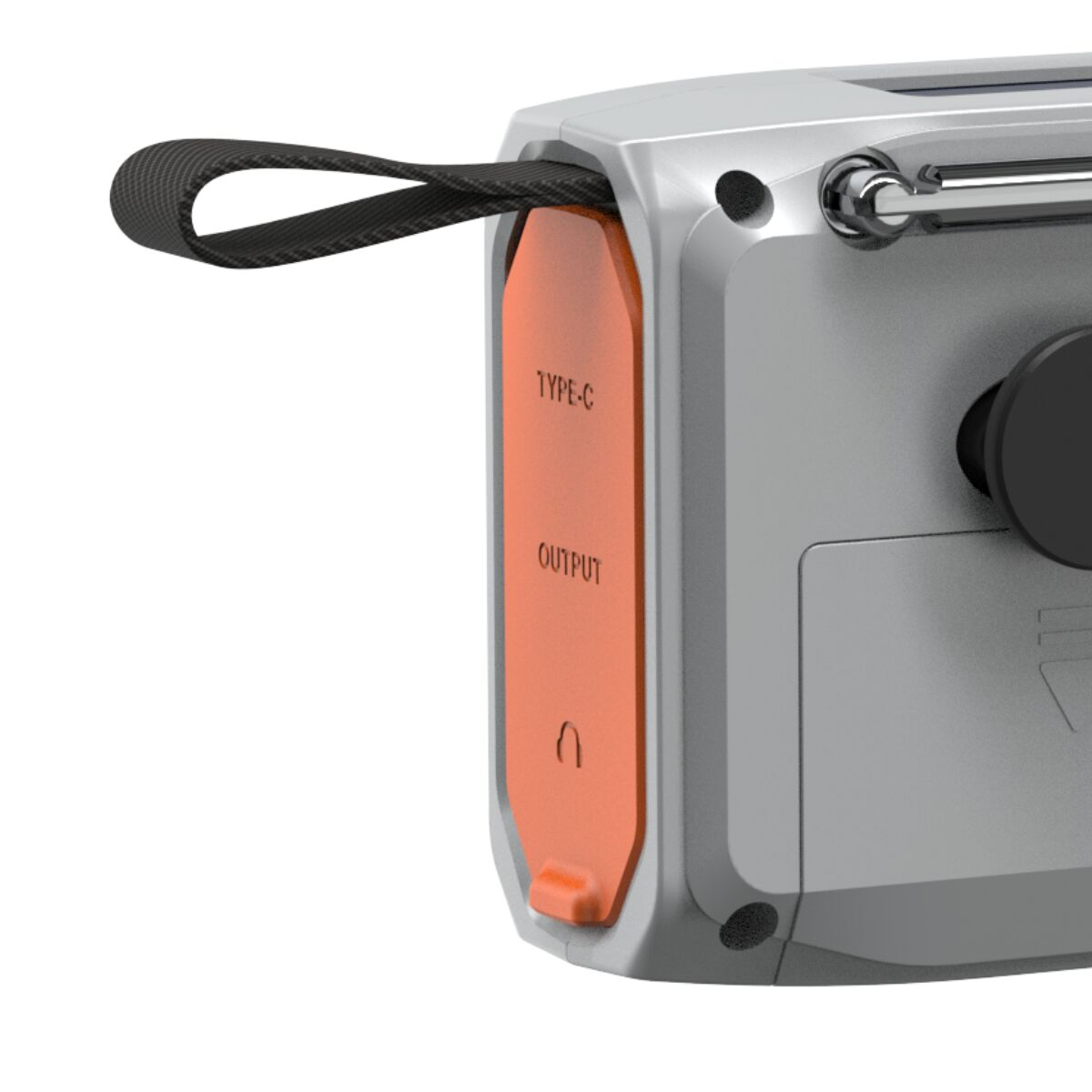 Gray device with orange trim, Type-C and output ports, and a fabric loop.