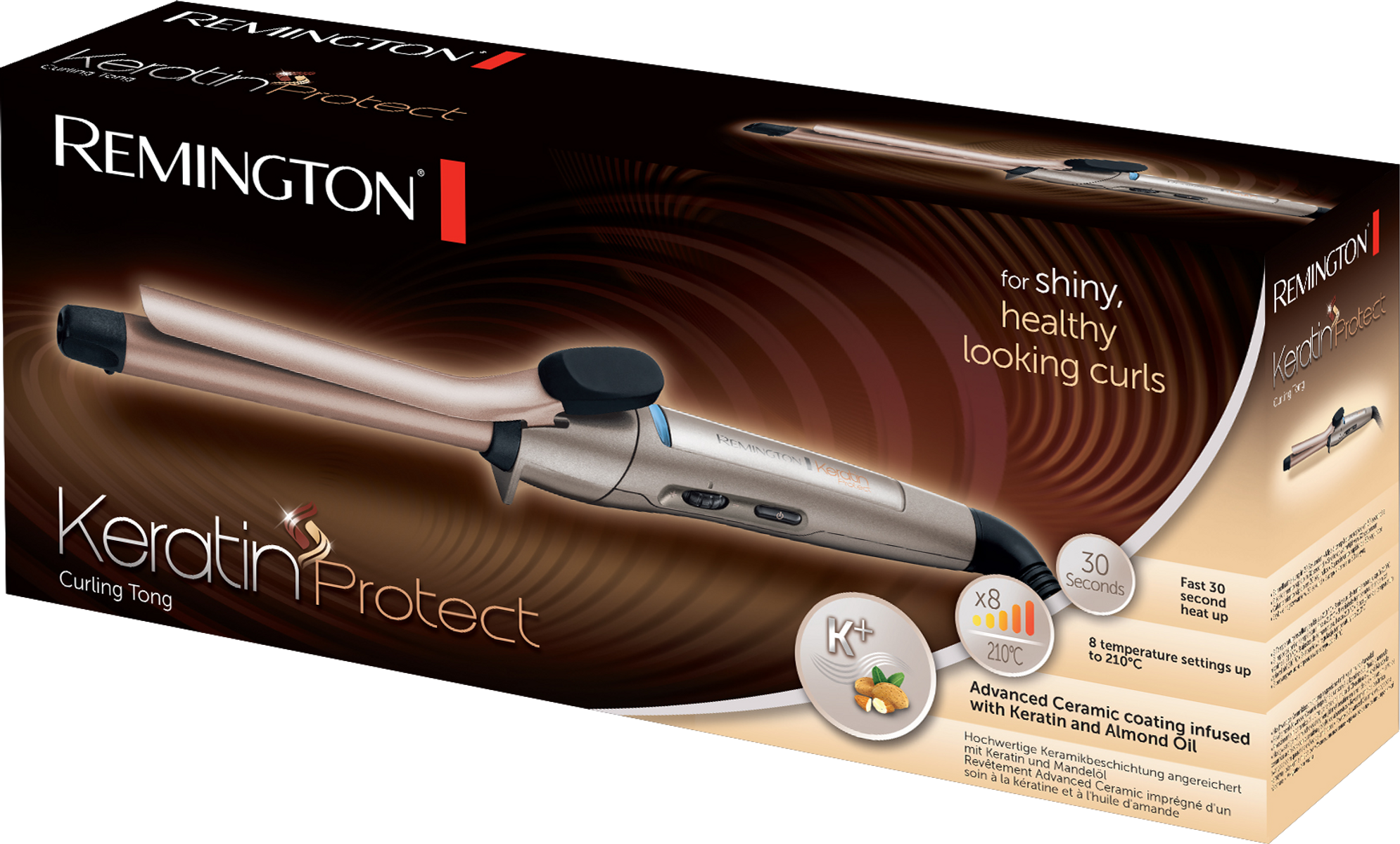 Opakowanie lokówki Remington z keratyną i olejem migdałowym.