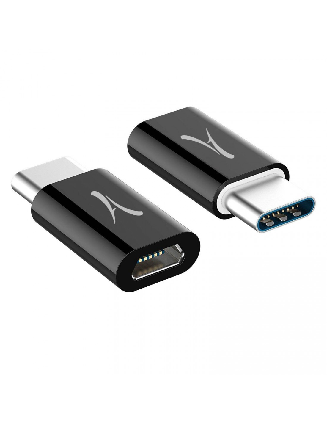 Due adattatori USB-C neri con connettori argentati e logo bianco.