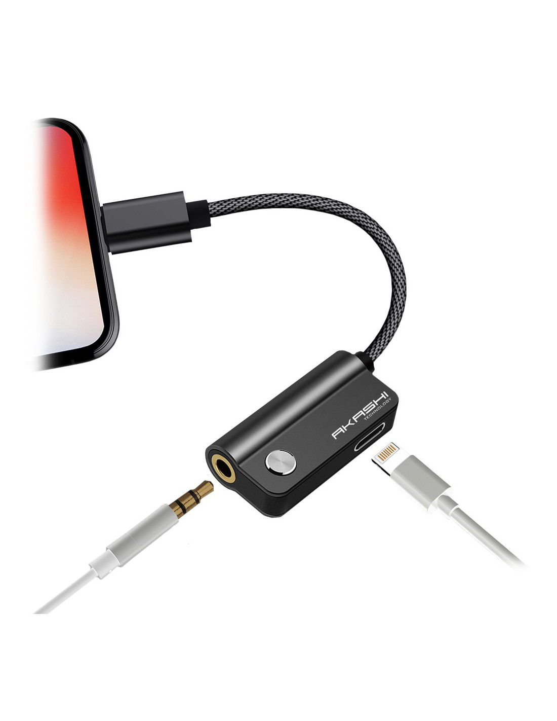 Un adaptateur noir connecte un iPhone à des écouteurs et un câble de chargement.