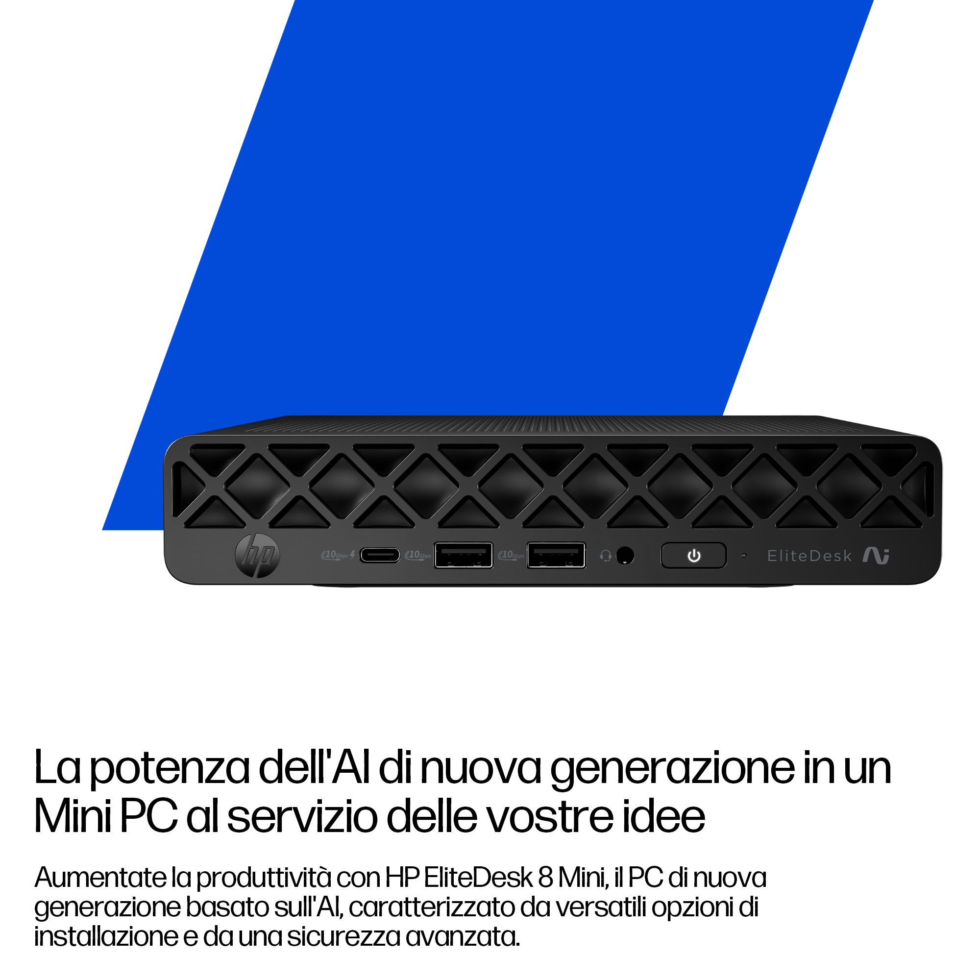 Un PC HP EliteDesk 8 Mini nero con porte argentate su sfondo bianco e blu.