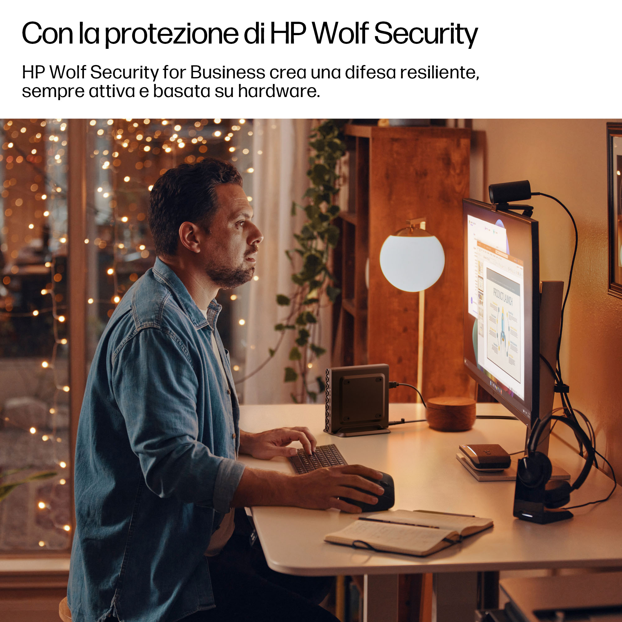 Un uomo lavora alla scrivania con computer e webcam. Luci sullo sfondo.