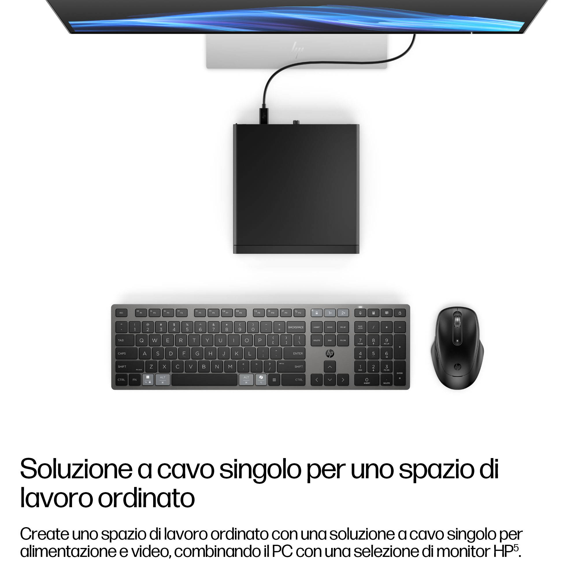 Un monitor, PC, tastiera e mouse sono mostrati su sfondo bianco.