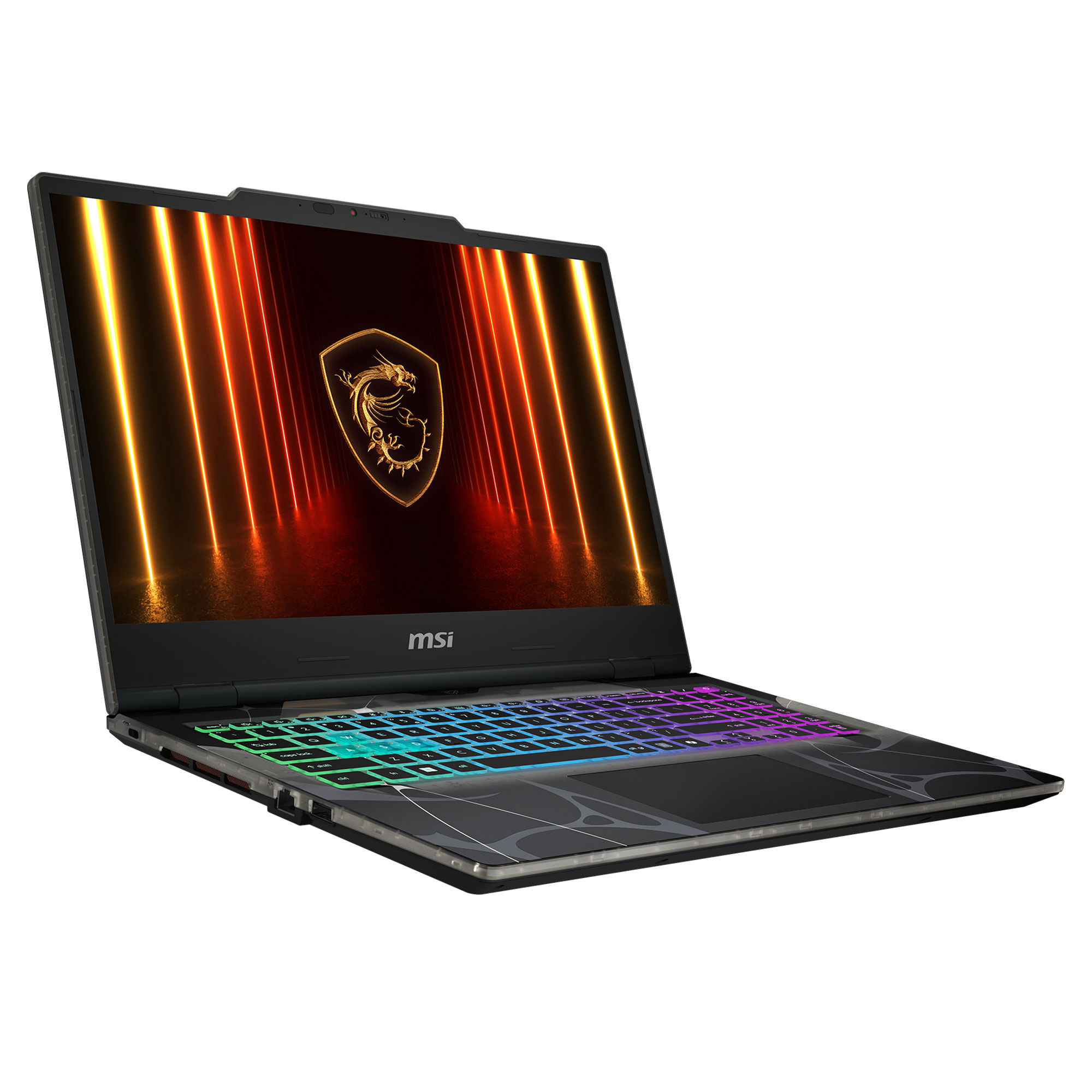 Ekranında ejderha logosu ve RGB klavyeli MSI oyuncu dizüstü bilgisayarı.