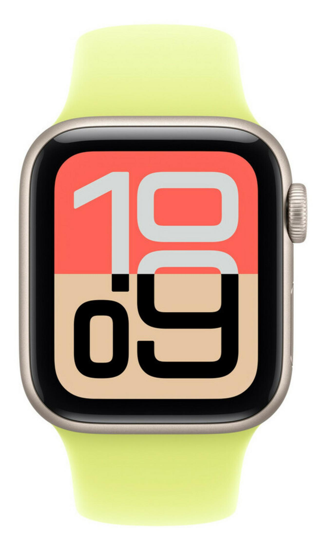 Eine hellgrüne Apple Watch mit einem Zifferblatt, das die Zahlen 10 und 09 anzeigt.
