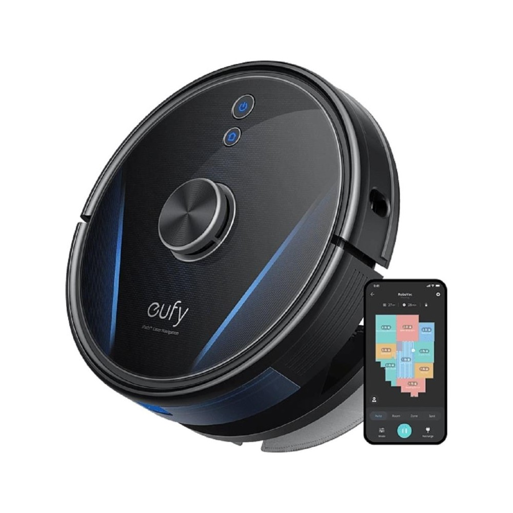 Un robot aspirapolvere nero con uno smartphone che mostra una vista mappa.