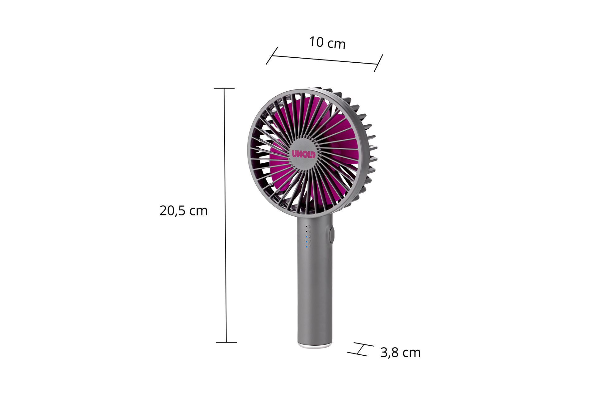 Ein grauer Handventilator mit violetten Flügeln und Maßen.