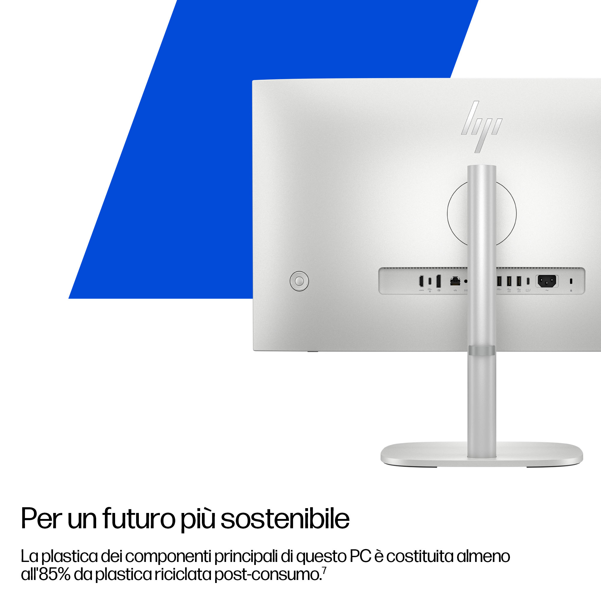 Rückseite eines silbernen HP Monitors mit Anschlüssen und dem HP Logo.