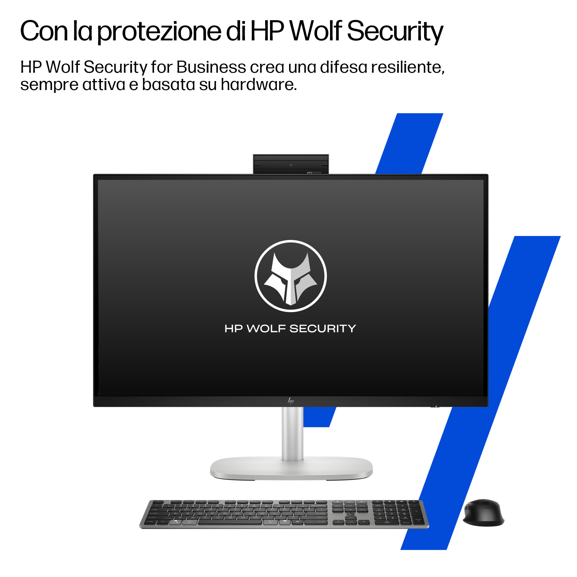 HP Wolf Security Logo auf einem Monitor mit Tastatur und Maus.
