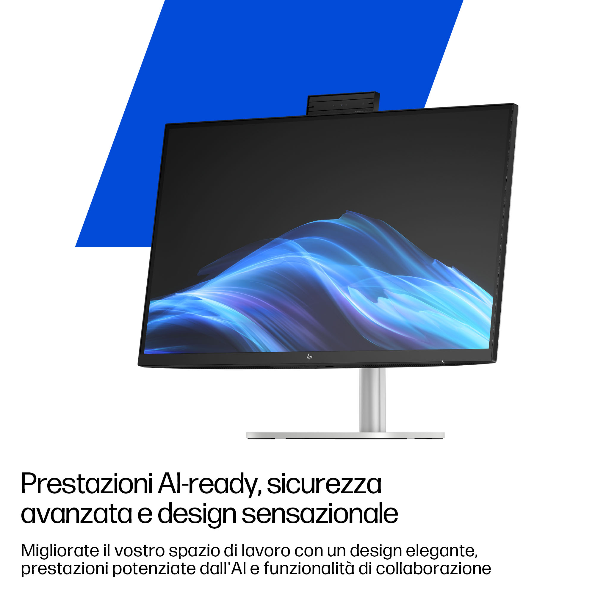 Ein moderner HP Monitor mit dynamischem blauen Hintergrund und Text.