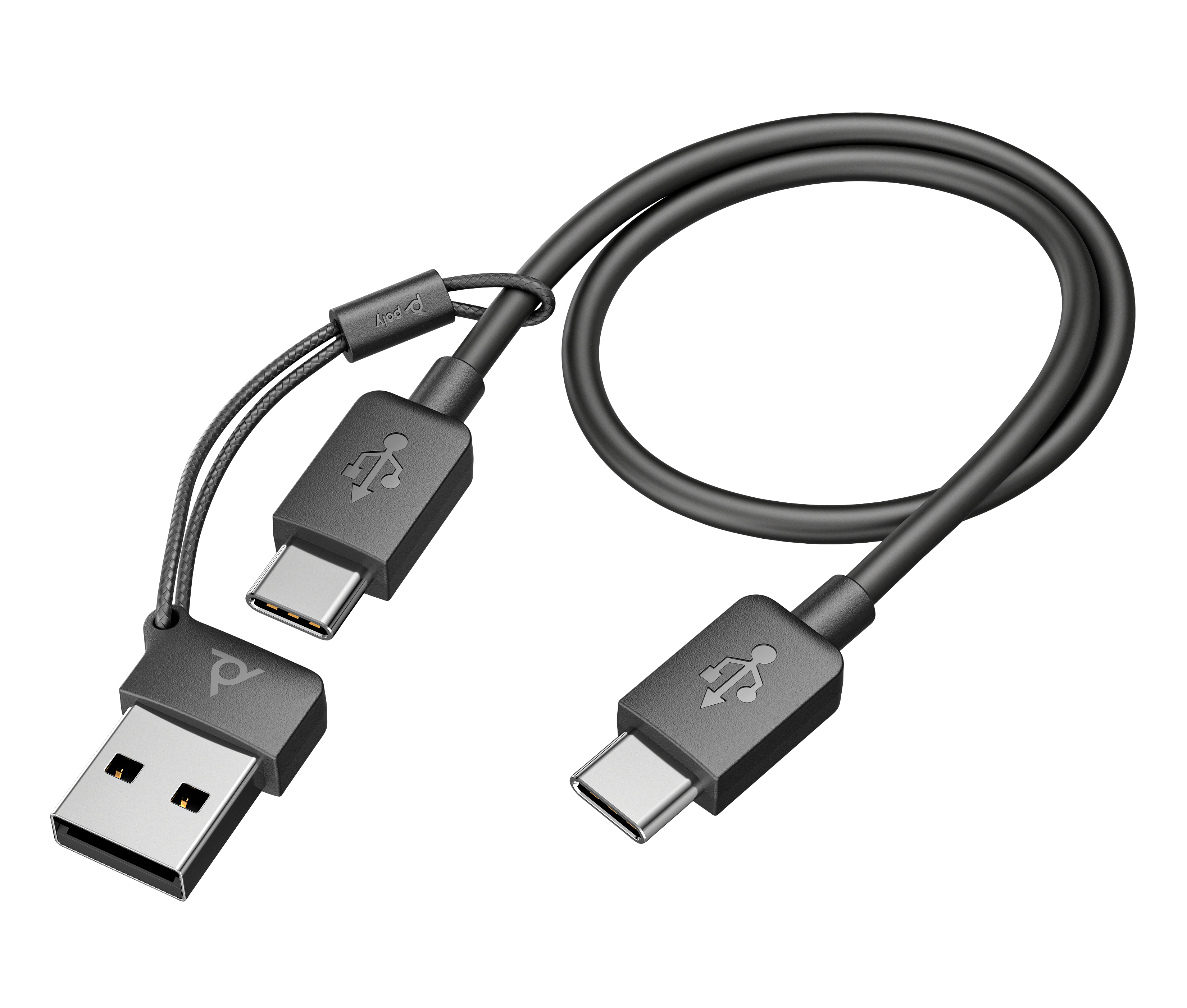Un cavo USB a doppio USB-C nero con logo Poly. Sfondo bianco.