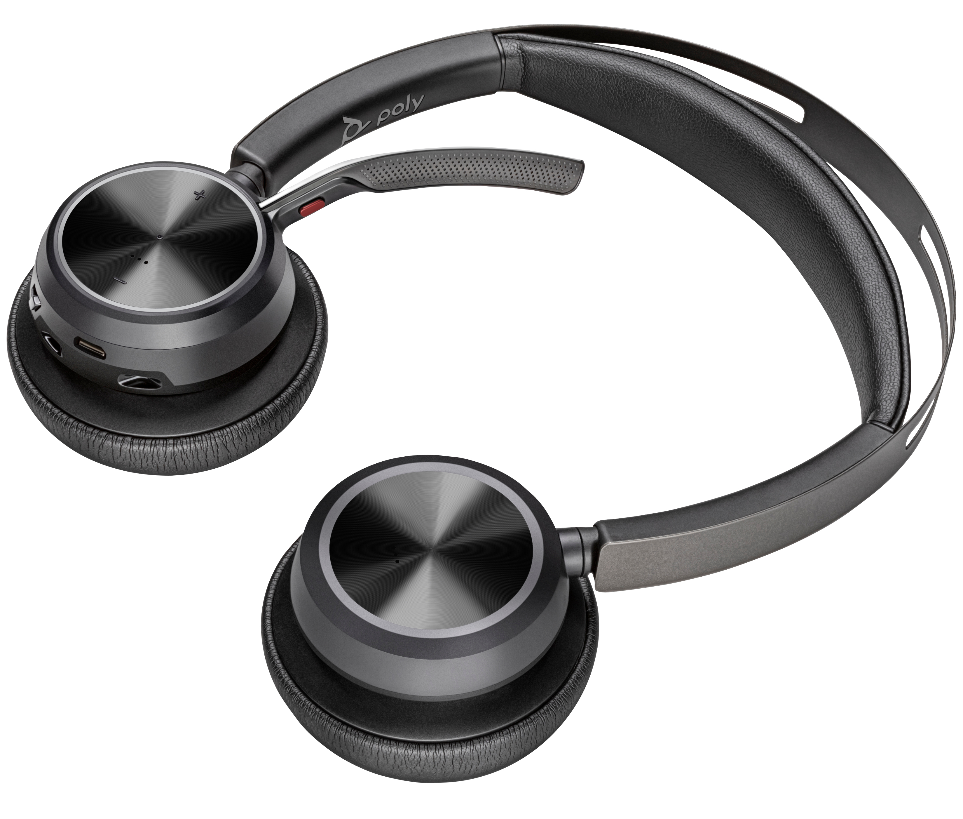 Un auricolare Poly nero con padiglioni imbottiti e archetto in metallo.