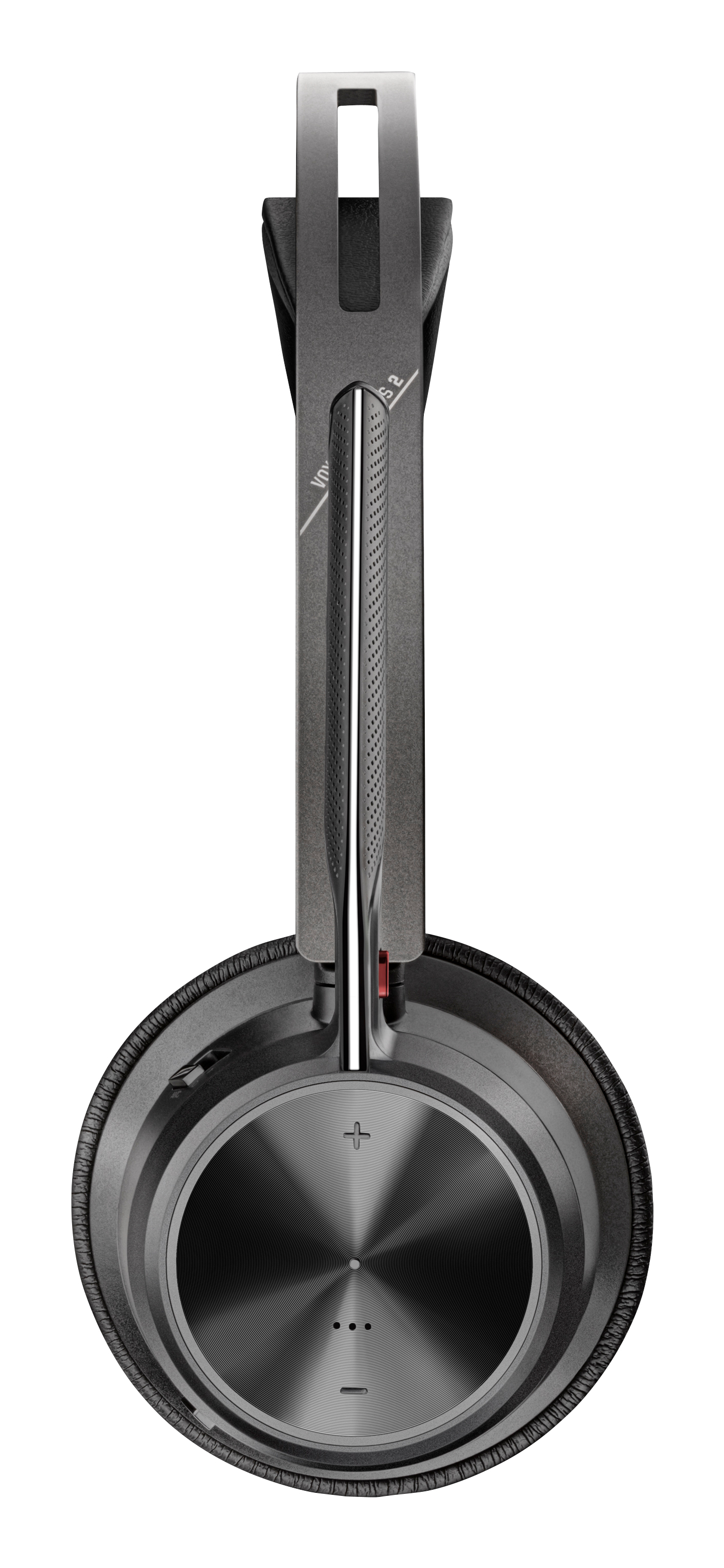 Cuffie wireless nere con accenti argentati, vista dall'alto.