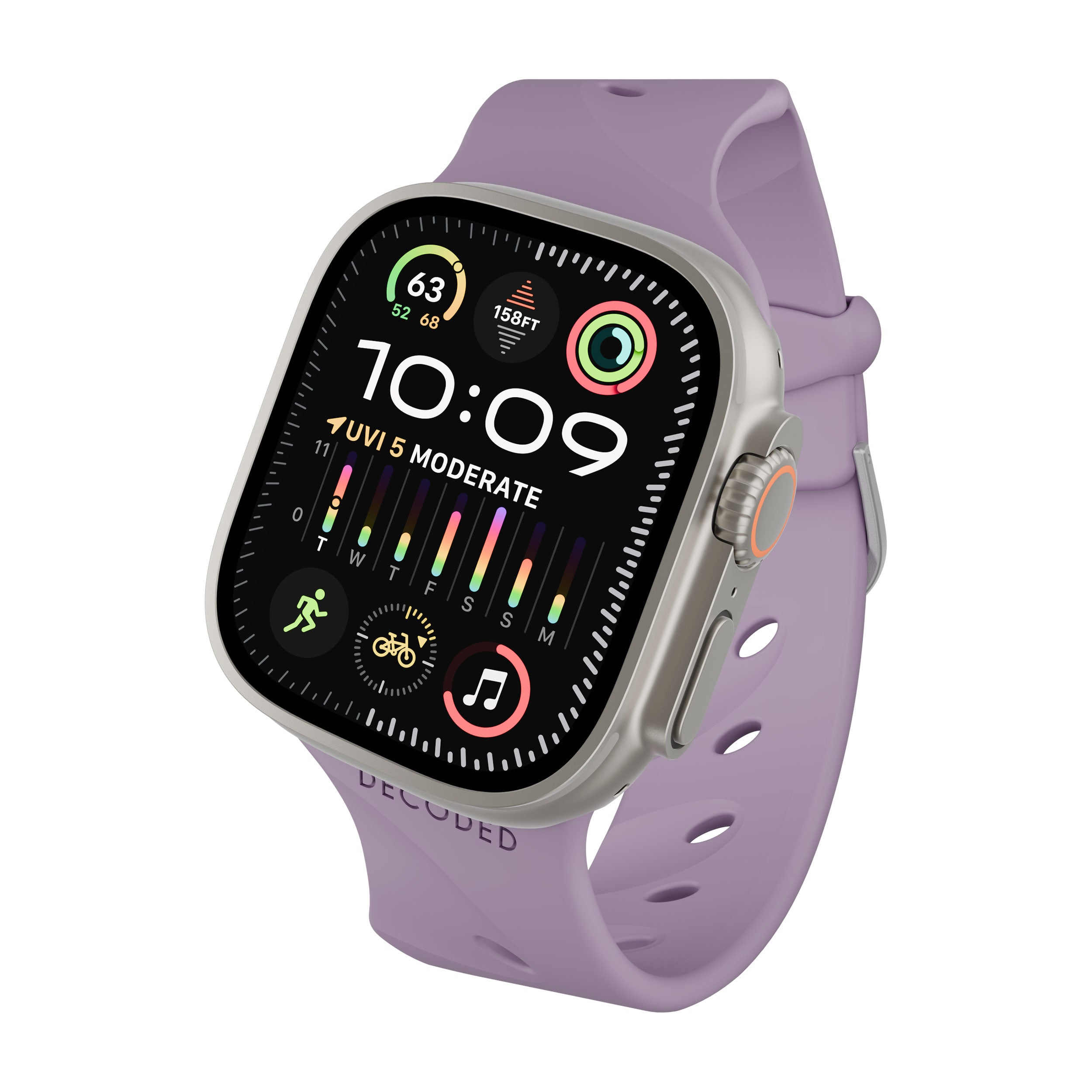 Un Apple Watch Ultra viola mostra le 10:09, indice UV e anelli di attività.