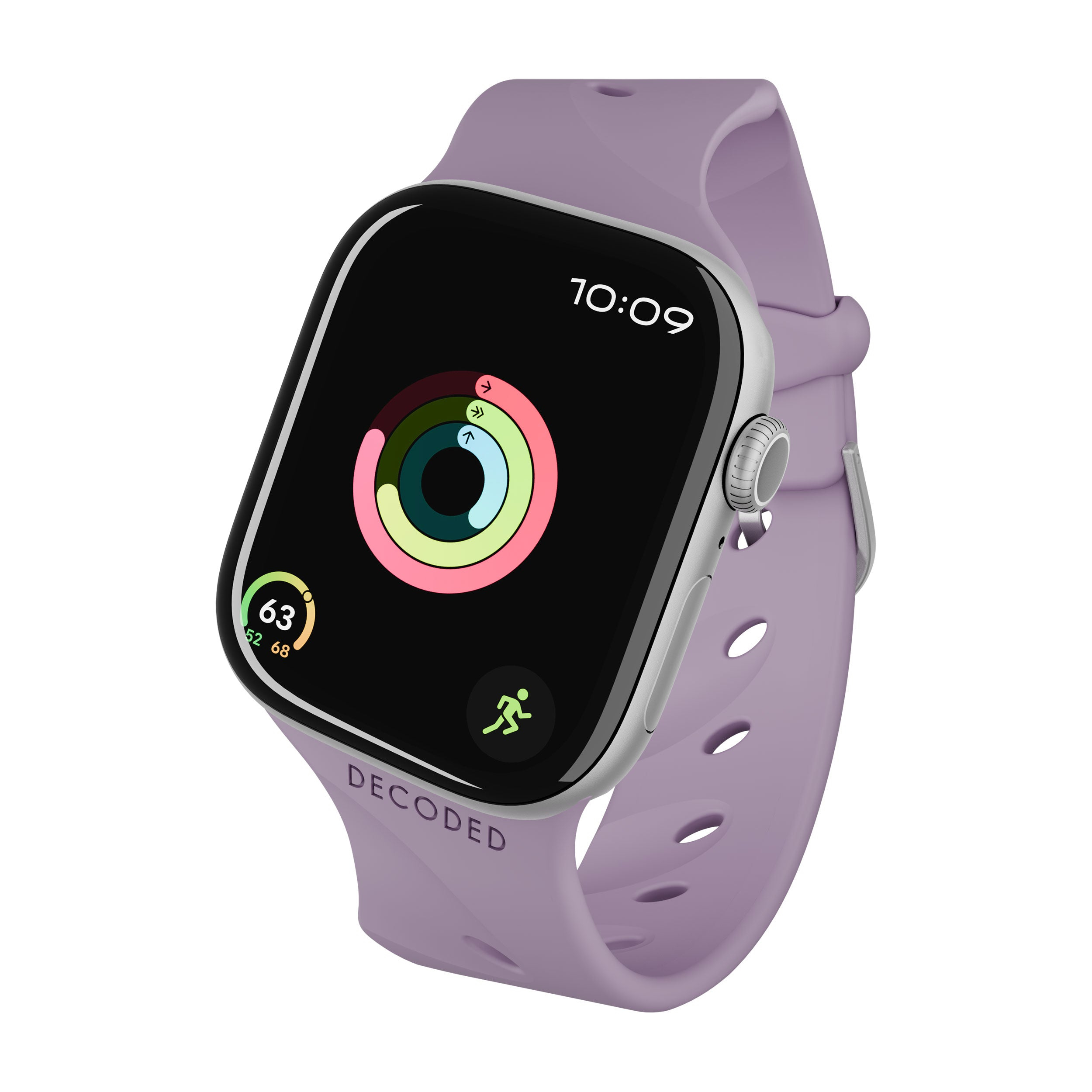 Un Apple Watch viola con cassa argentata mostra anelli di attività e un'icona di corsa.