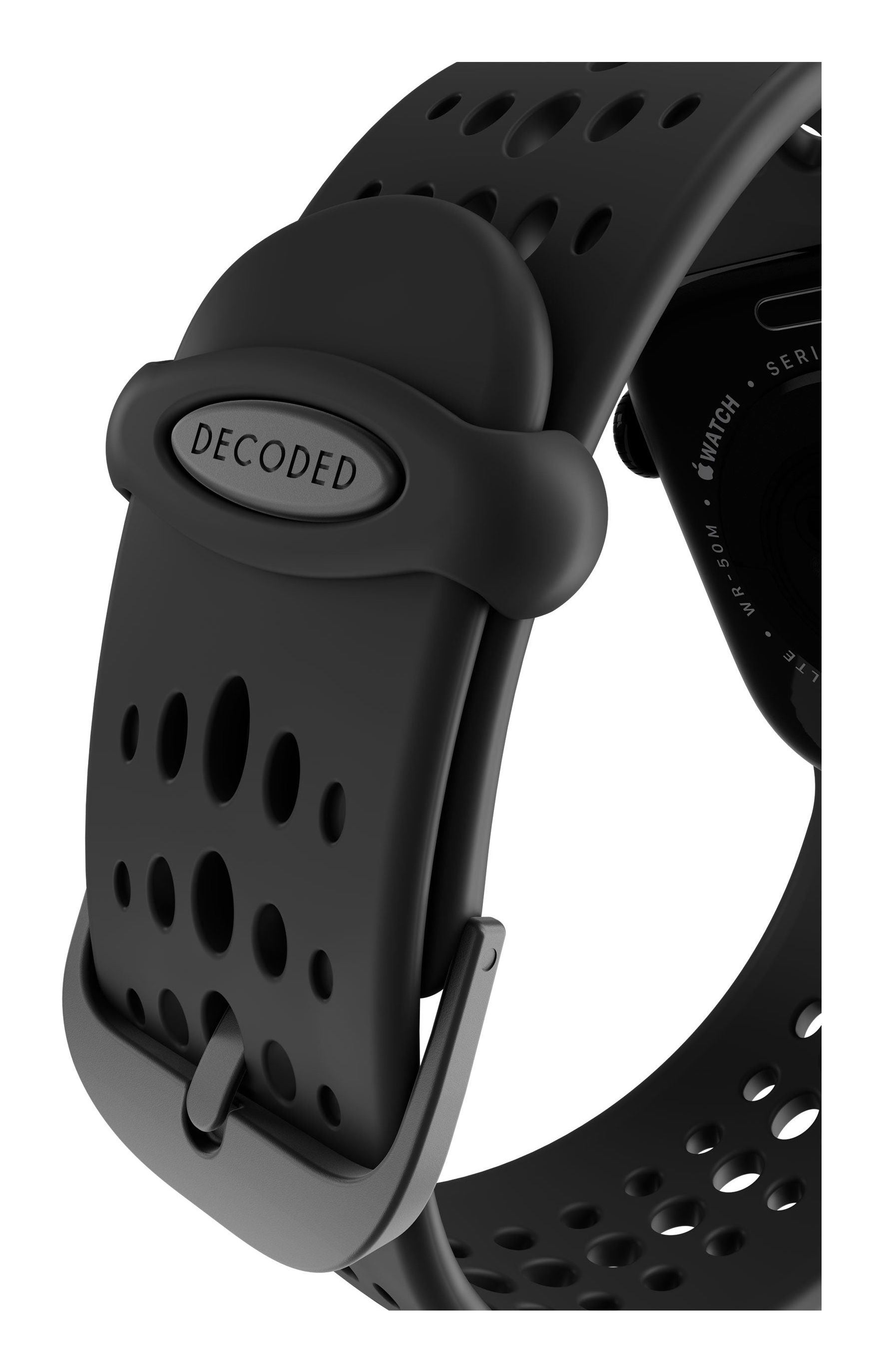 Cinturino nero per orologio con fori e la scritta "DECODED" su una fibbia.